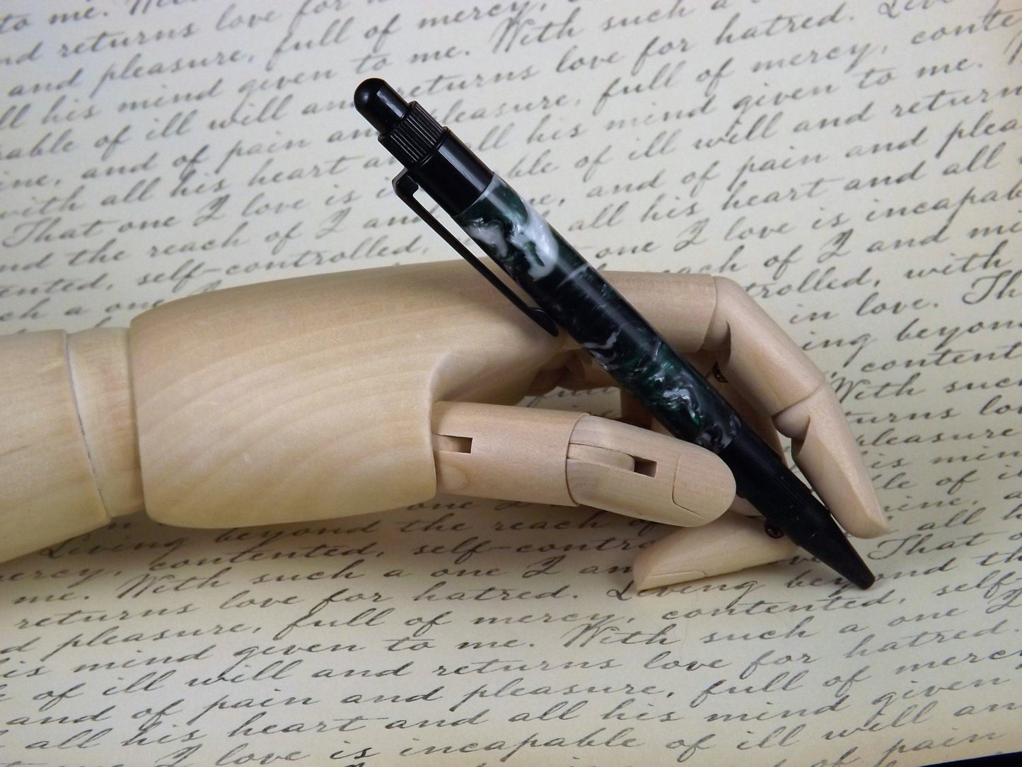 Handmade Black Stratus Button Pen: Green Swirl Acrylic Body