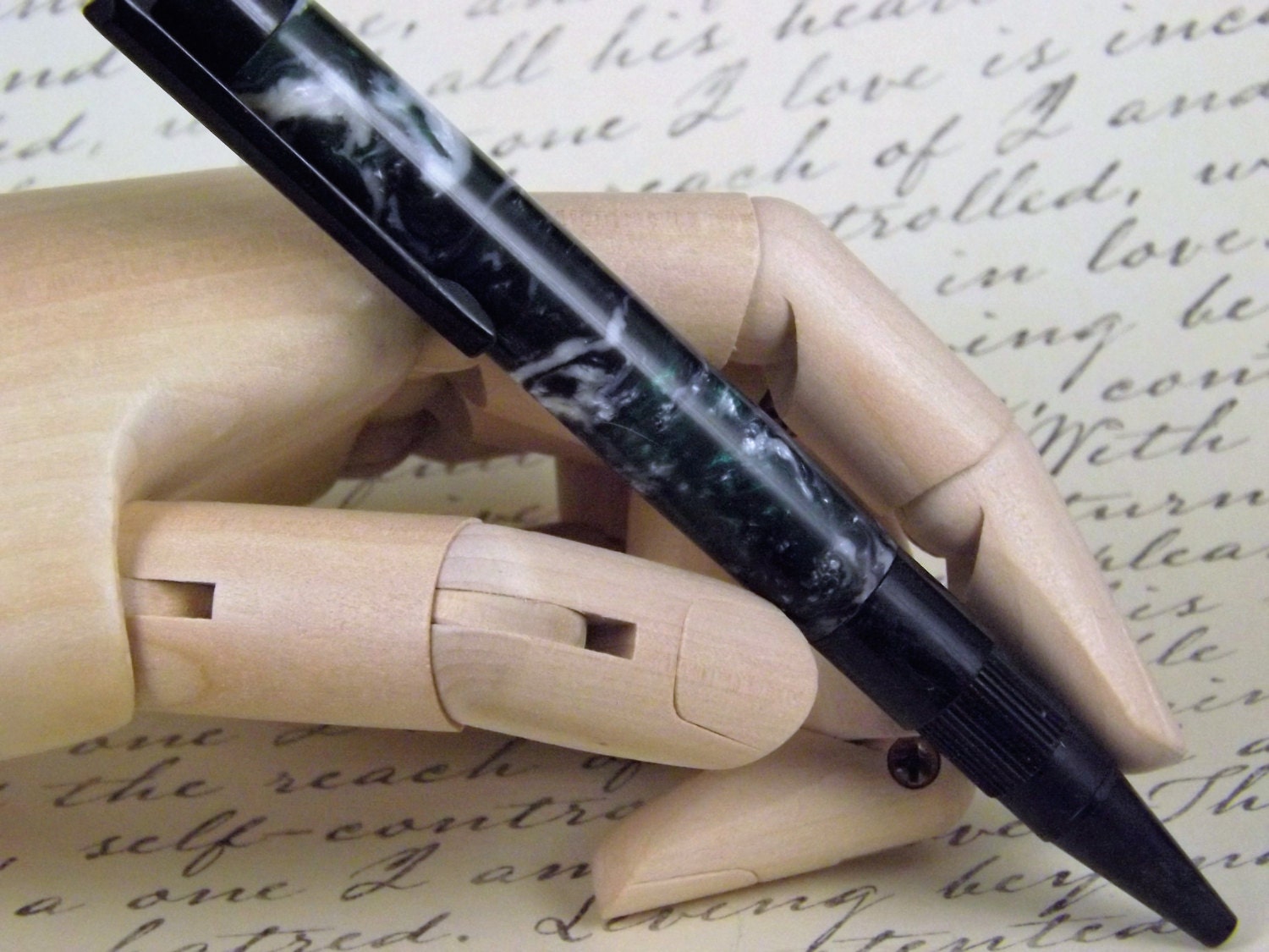 Handmade Black Stratus Button Pen: Green Swirl Acrylic Body