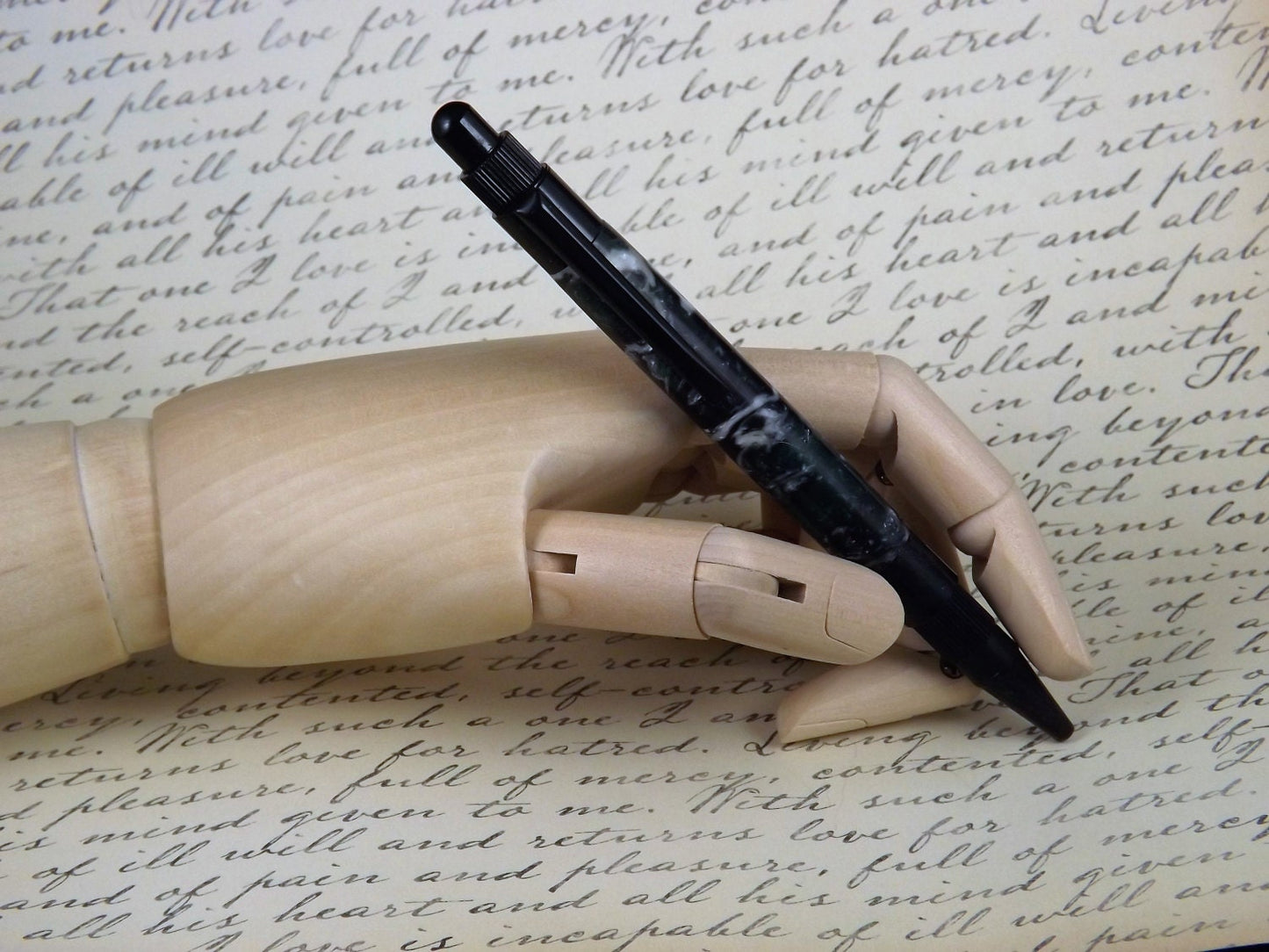 Handmade Black Stratus Button Pen: Green Swirl Acrylic Body