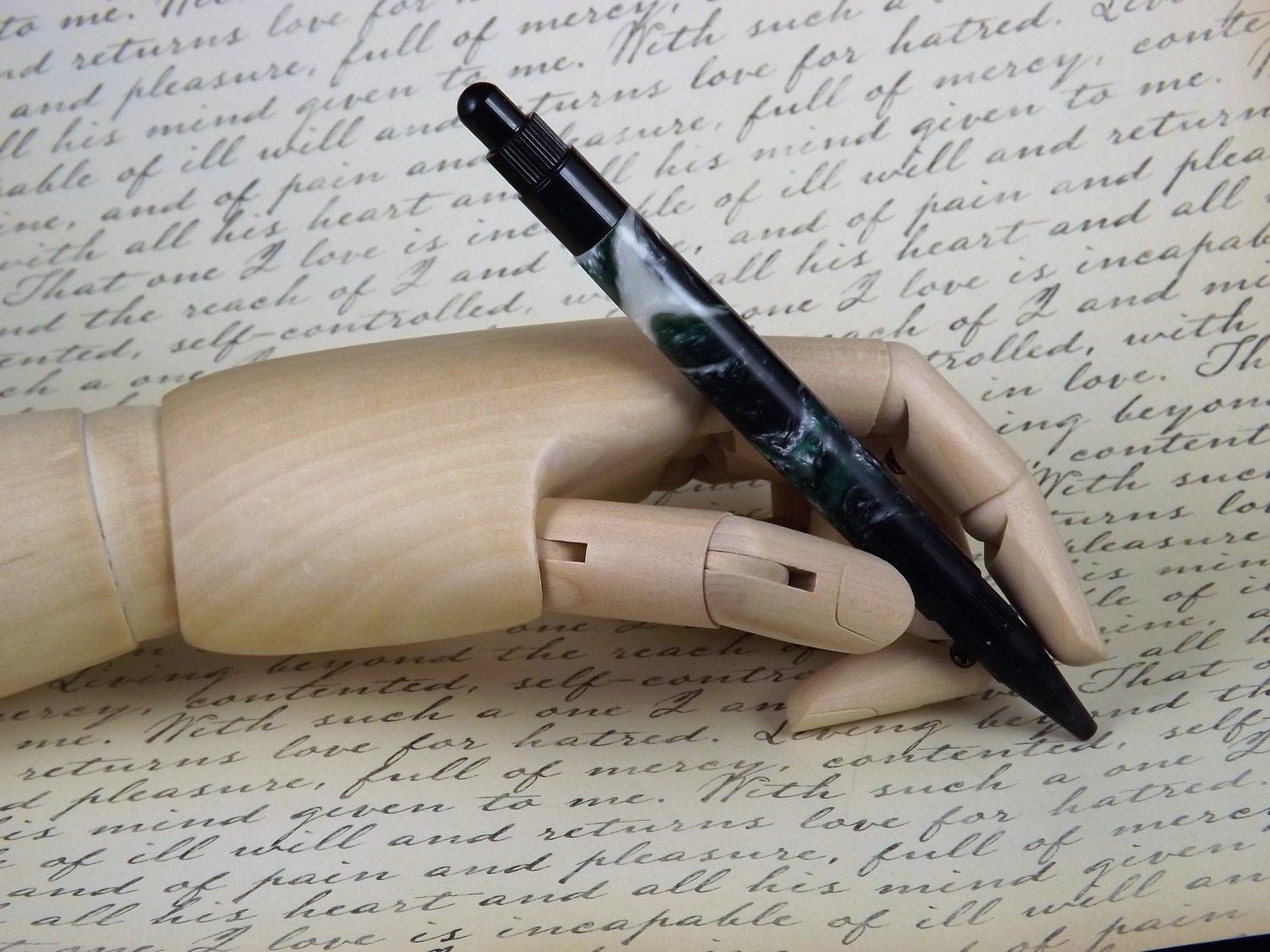 Handmade Black Stratus Button Pen: Green Swirl Acrylic Body