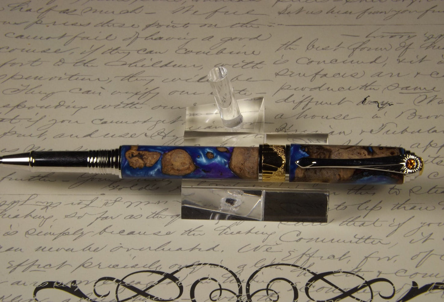 Handmade Burl Cap and Acrylic 24KT Gold accents Rollerball Pen