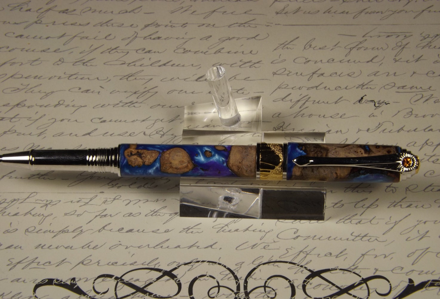 Handmade Burl Cap and Acrylic 24KT Gold accents Rollerball Pen