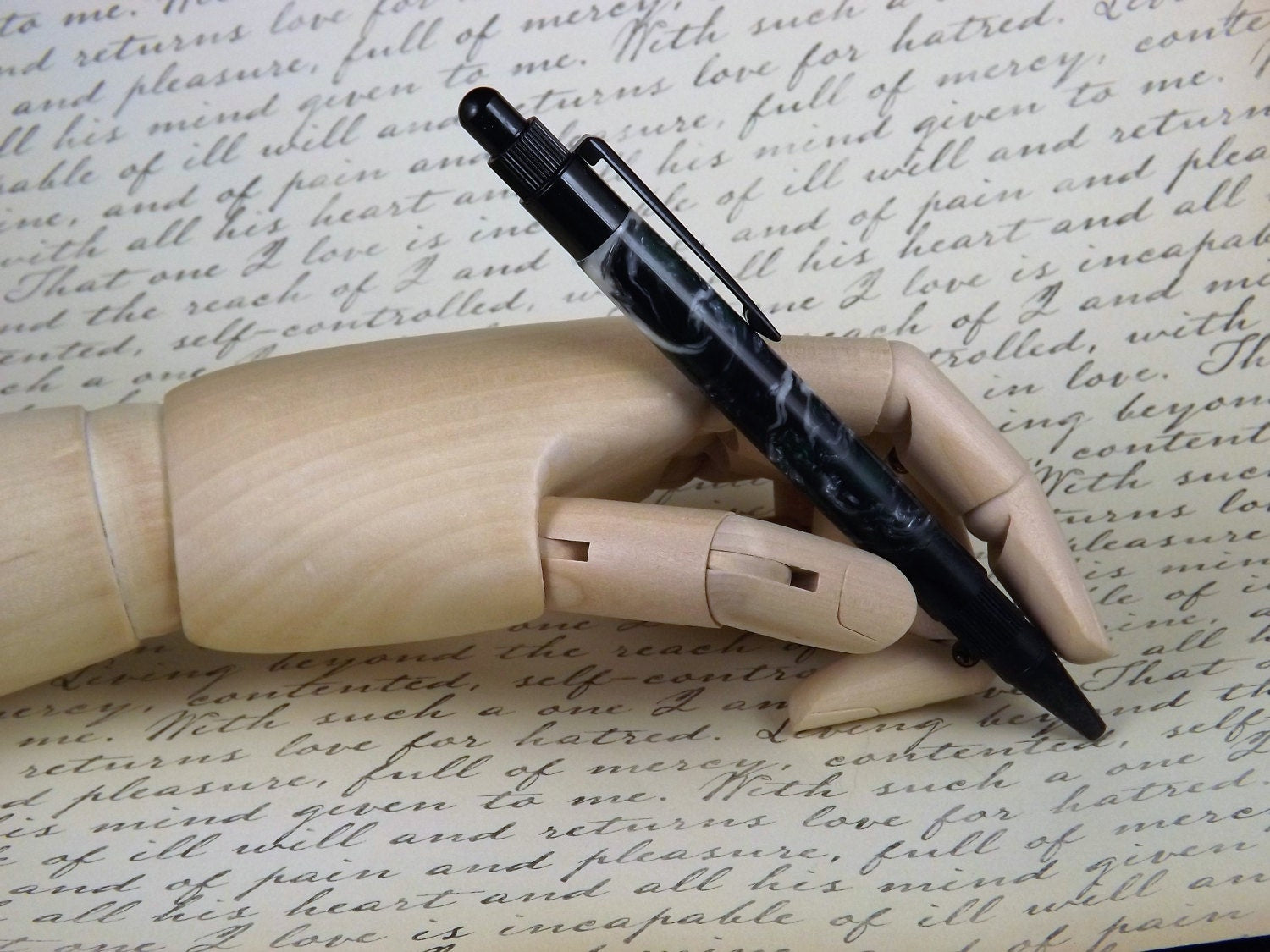 Handmade Black Stratus Button Pen: Green Swirl Acrylic Body