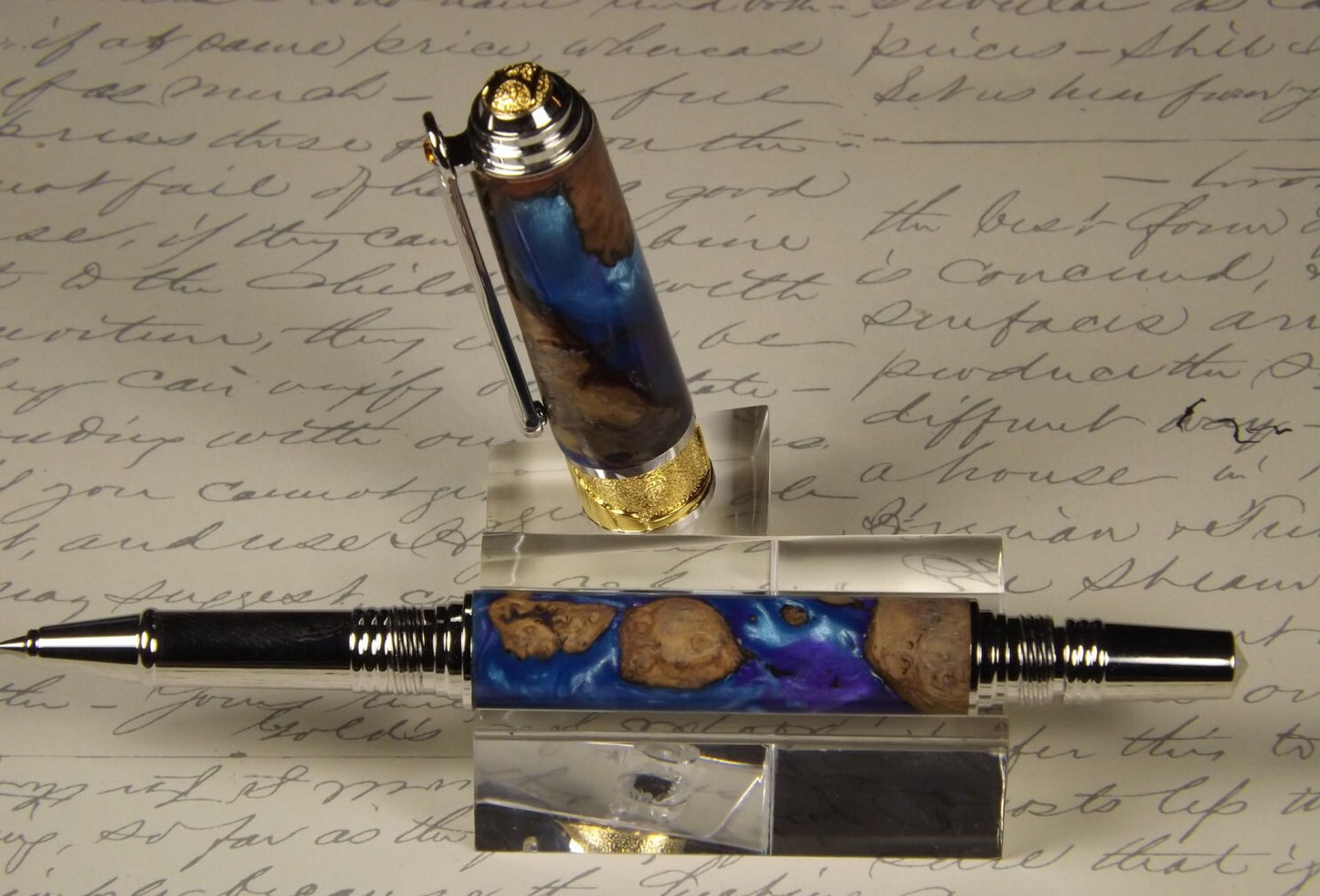 Handmade Burl Cap and Acrylic 24KT Gold accents Rollerball Pen