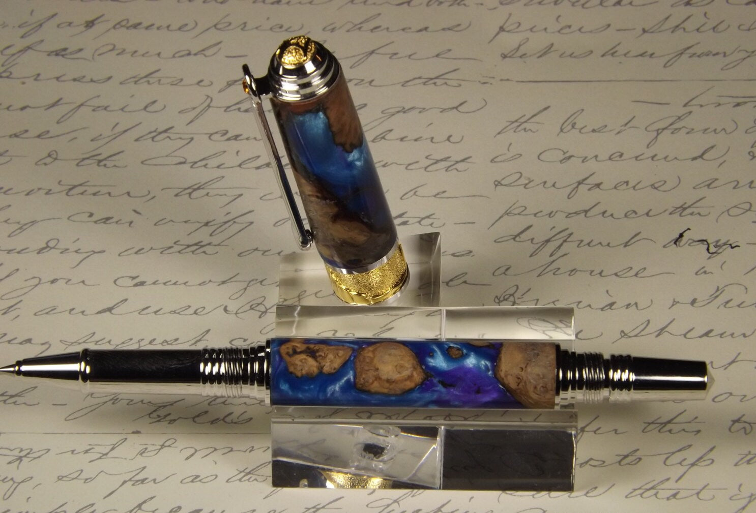 Handmade Burl Cap and Acrylic 24KT Gold accents Rollerball Pen