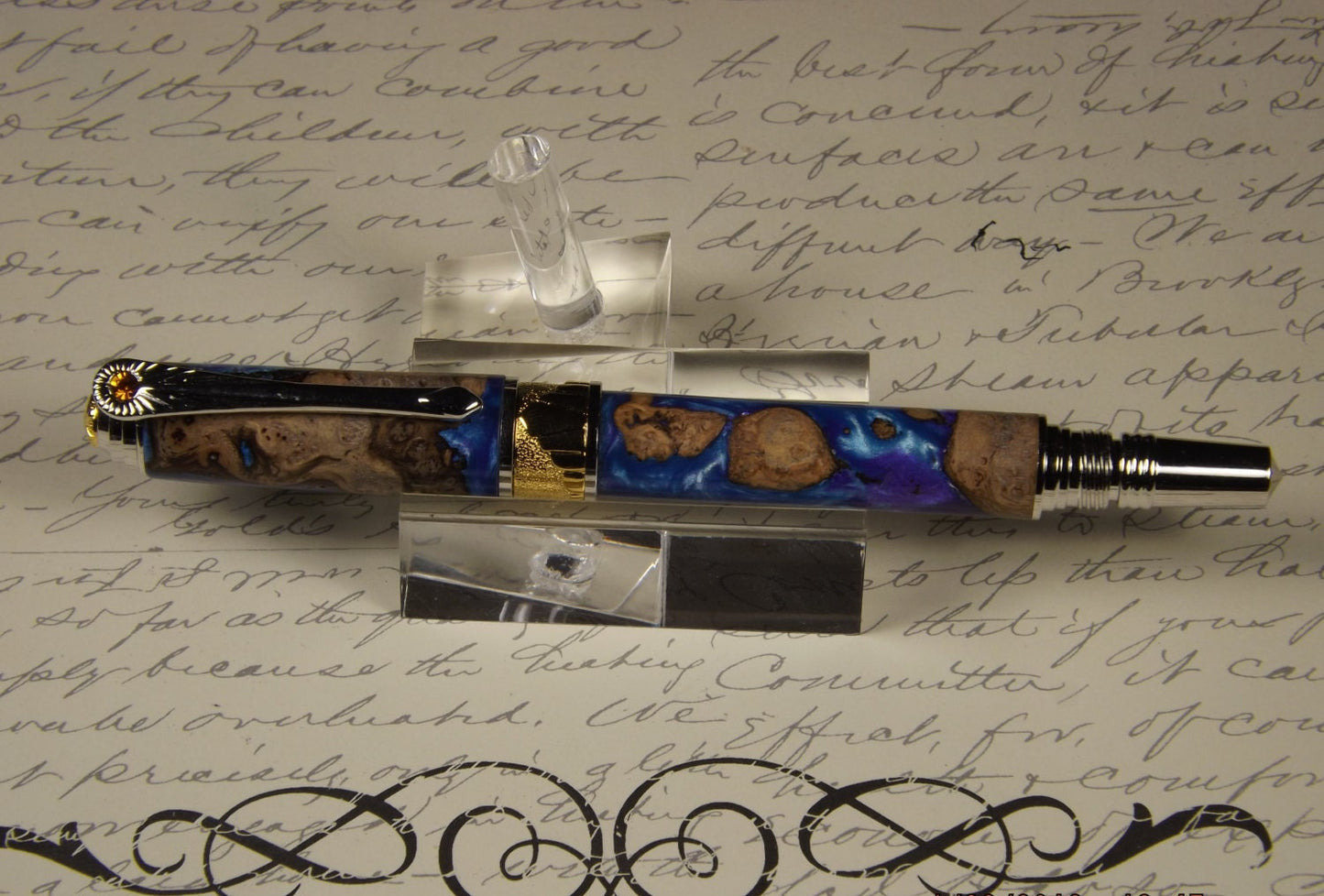 Handmade Burl Cap and Acrylic 24KT Gold accents Rollerball Pen