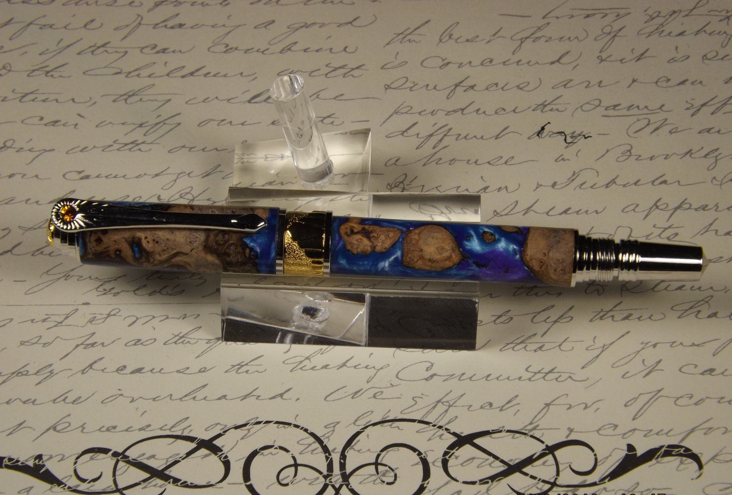 Handmade Burl Cap and Acrylic 24KT Gold accents Rollerball Pen