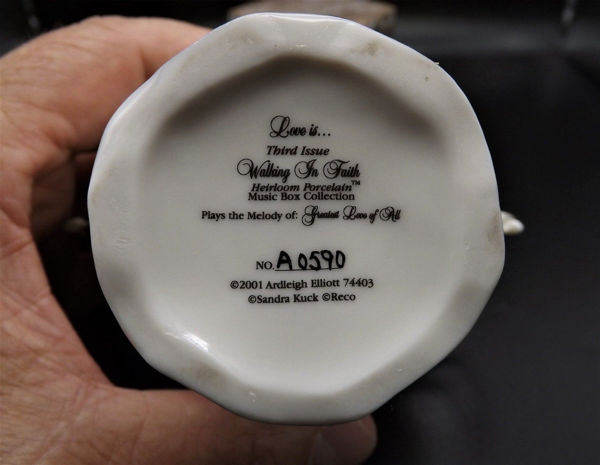 Vintage Ardleigh Elliot "Love Is" Music Box. Third issue from the Walking in Faith Series, Plays Greatest love of all. LE 590. With COA.