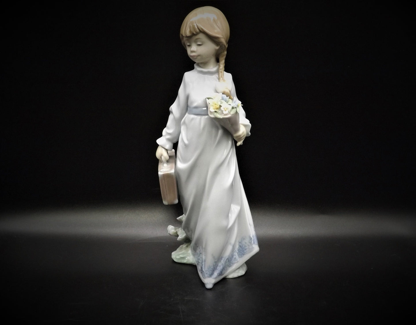 Vintage Lladro "School Days" Figurine #7604: Girl with Flowers (Broken Petal)