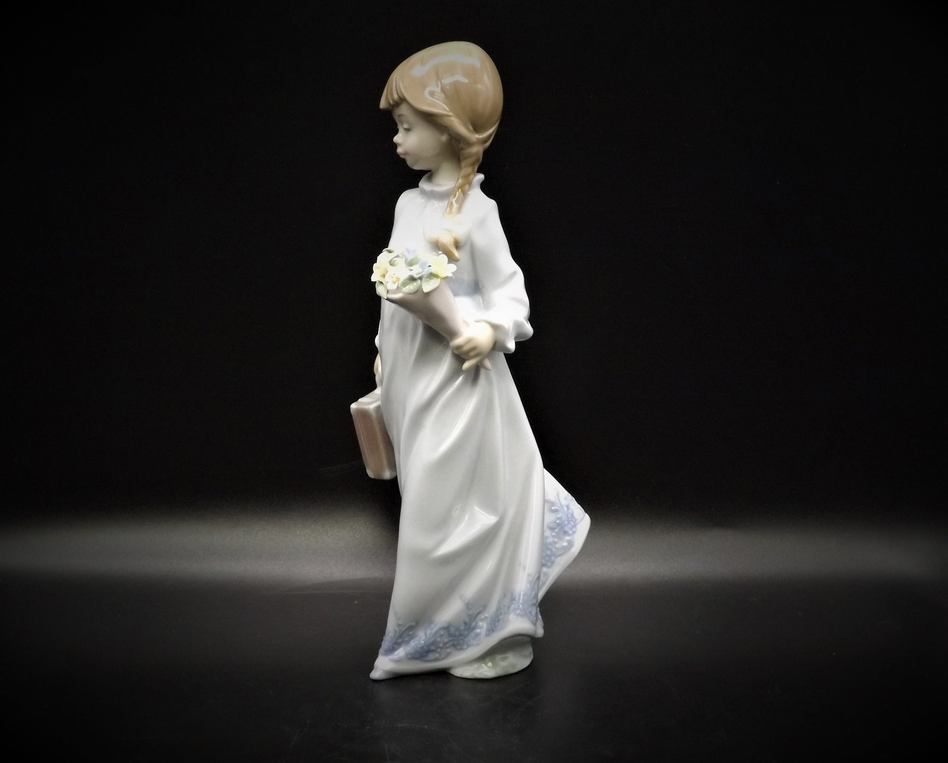Vintage Lladro "School Days" Figurine #7604: Girl with Flowers (Broken Petal)