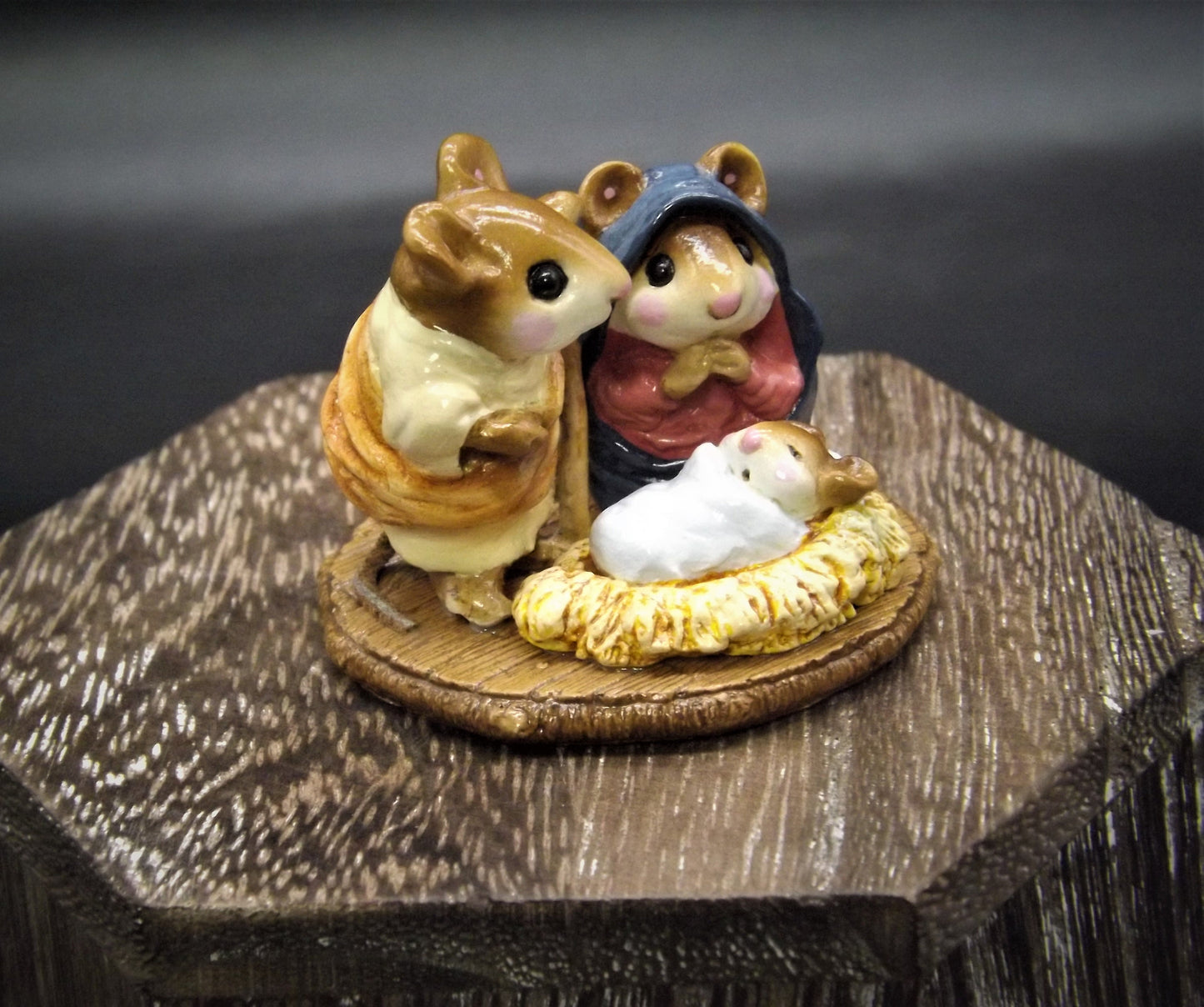 Vintage 1987 M-117 Wee Forest Folk "Chris - Mouse Pageant" Hand Painted Joseph, Mary and baby Jesus figurine.