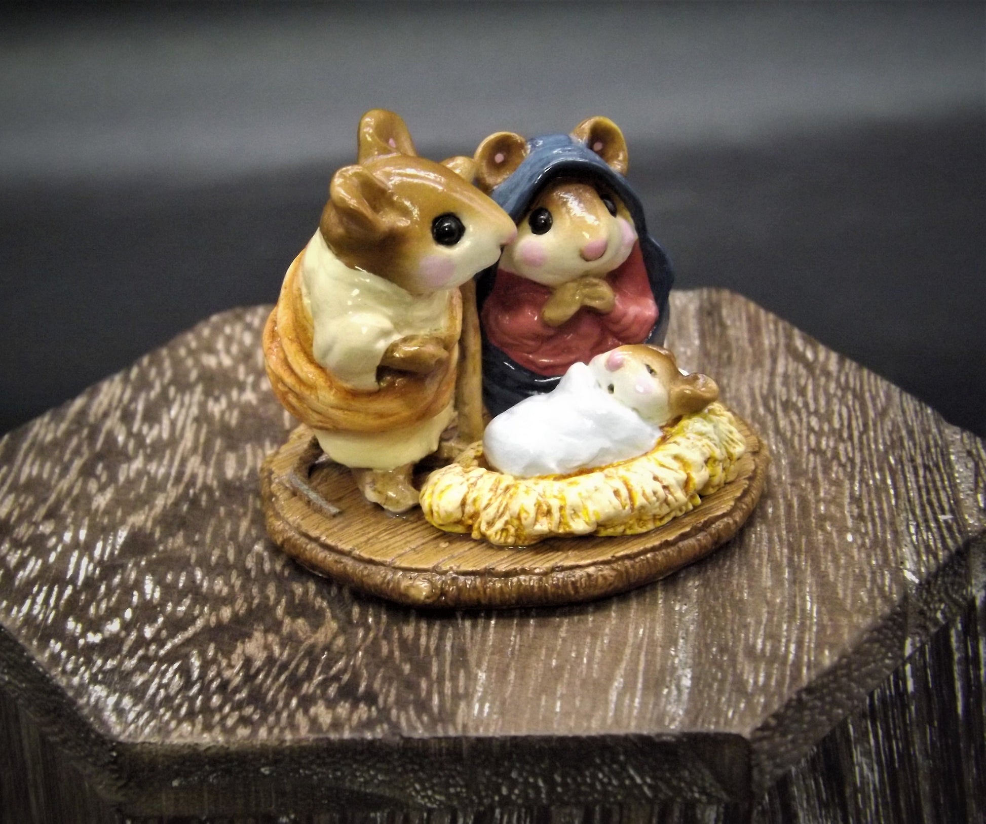 Vintage 1987 M-117 Wee Forest Folk "Chris - Mouse Pageant" Hand Painted Joseph, Mary and baby Jesus figurine.