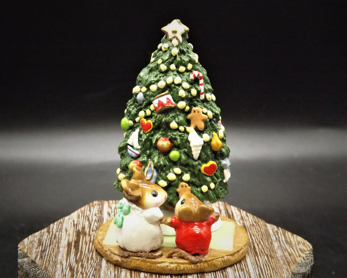 Vintage 1985 M-123 Wee Forest Folk "Under the Chris-Mouse Tree" Hand Painted Mice with a Decorated Christmas Tree.