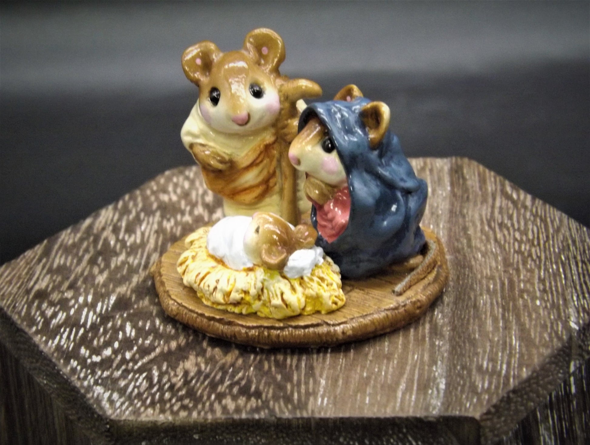 Vintage 1987 M-117 Wee Forest Folk "Chris - Mouse Pageant" Hand Painted Joseph, Mary and baby Jesus figurine.