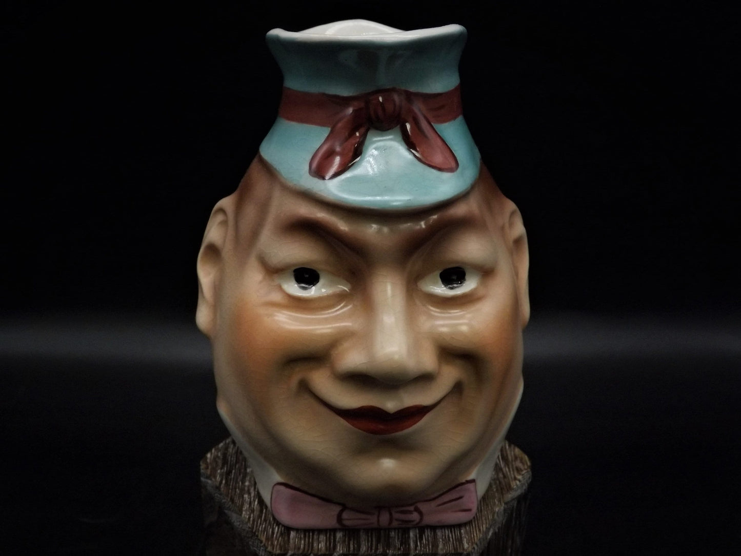 Sarreguermines Majolica Pitcher: 1880s Bow-Tied Gentleman