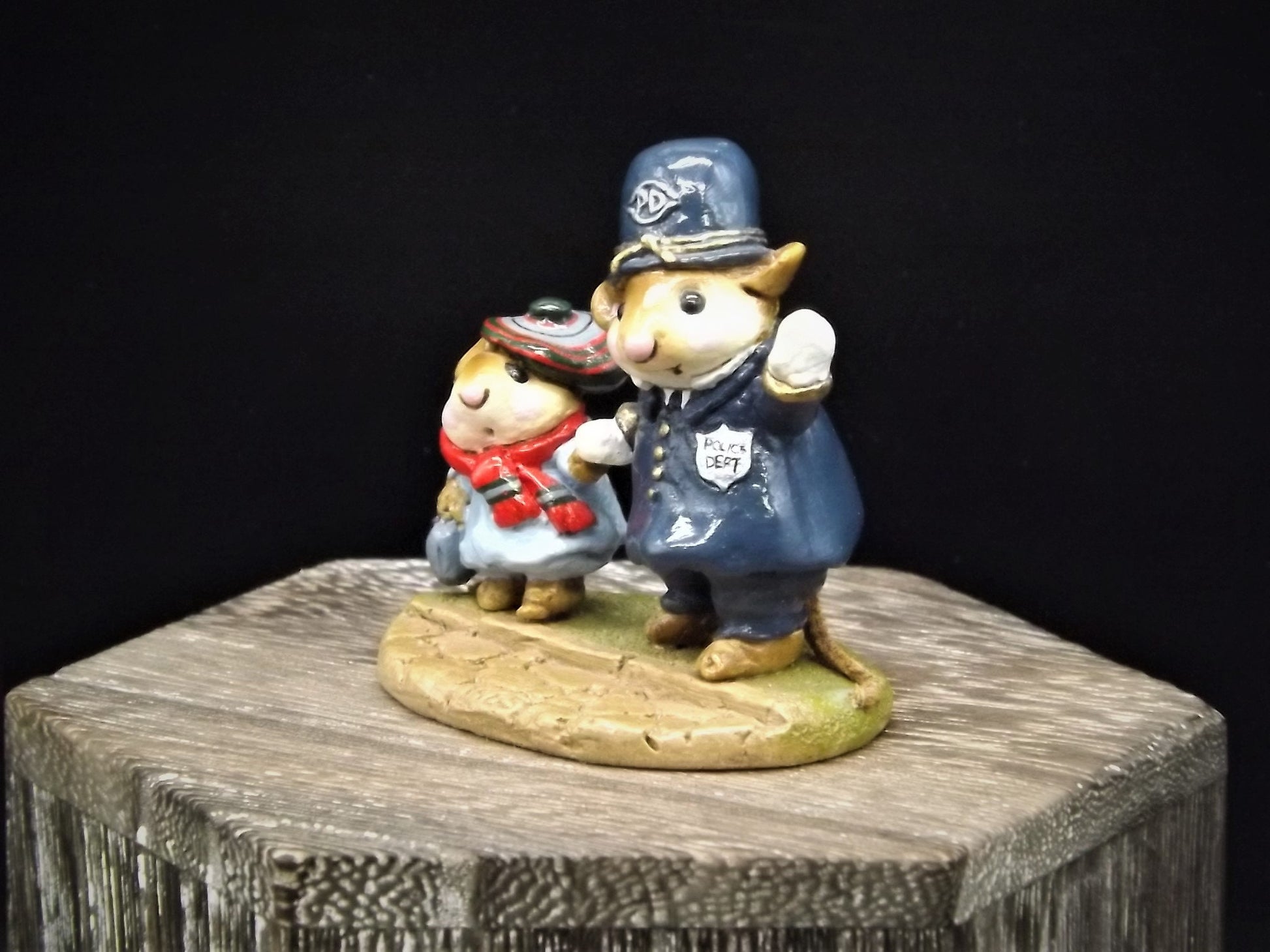 Very Rare Vintage 1985 LTD-02 Wee Forest Folk "Helping Hand" Hand Painted Mouse Policeman helping a boy mouse cross a road. With Box.