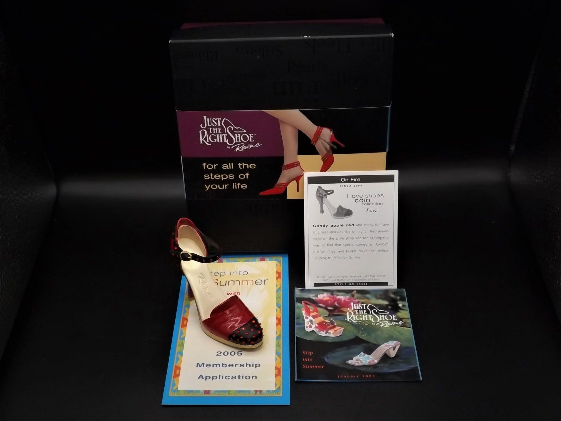 Closeout Sale! Vintage Just the Right Shoe by Raine "On Fire" miniature shoe collectible with original box. Item #25524