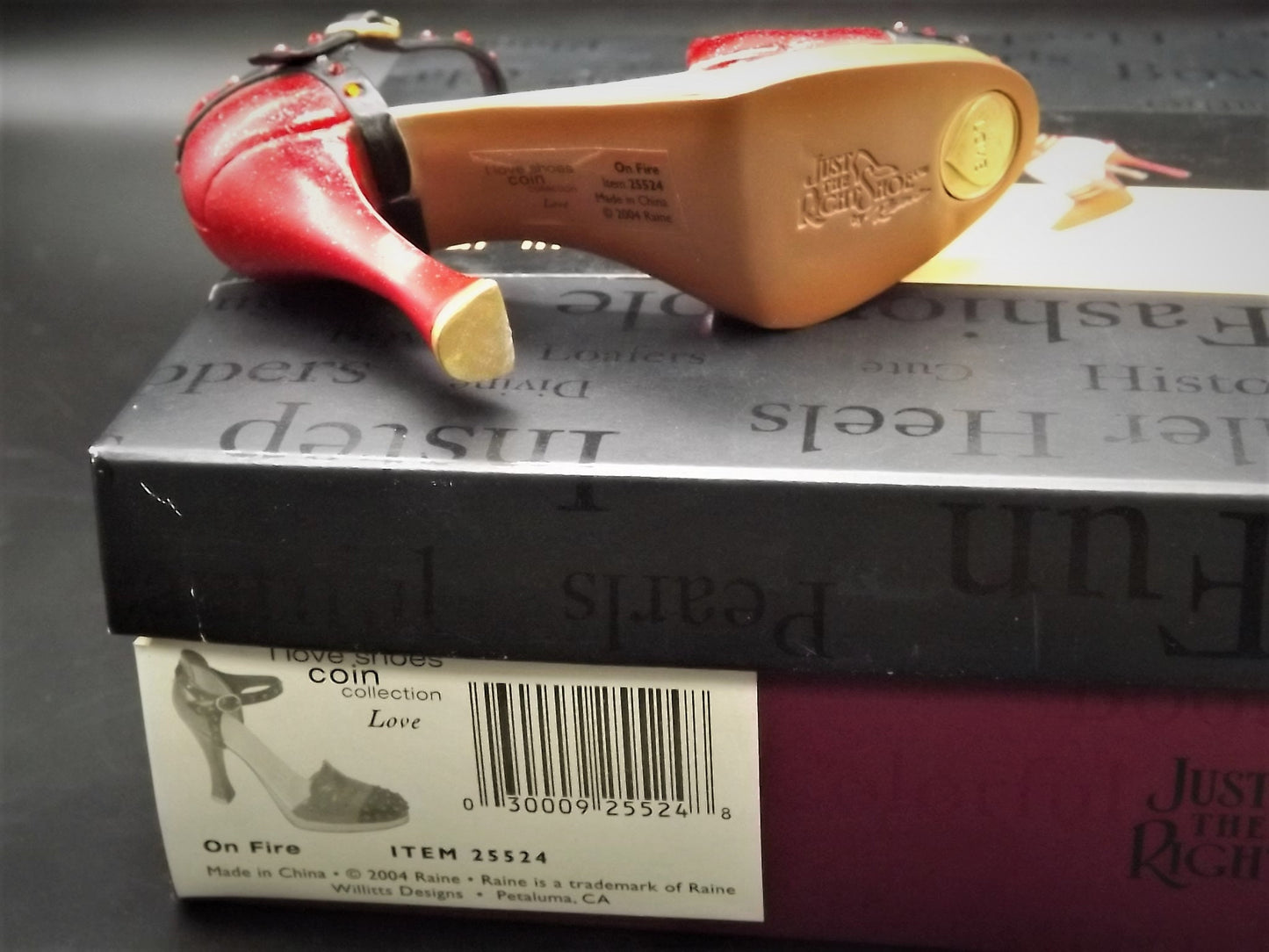 Closeout Sale! Vintage Just the Right Shoe by Raine "On Fire" miniature shoe collectible with original box. Item #25524