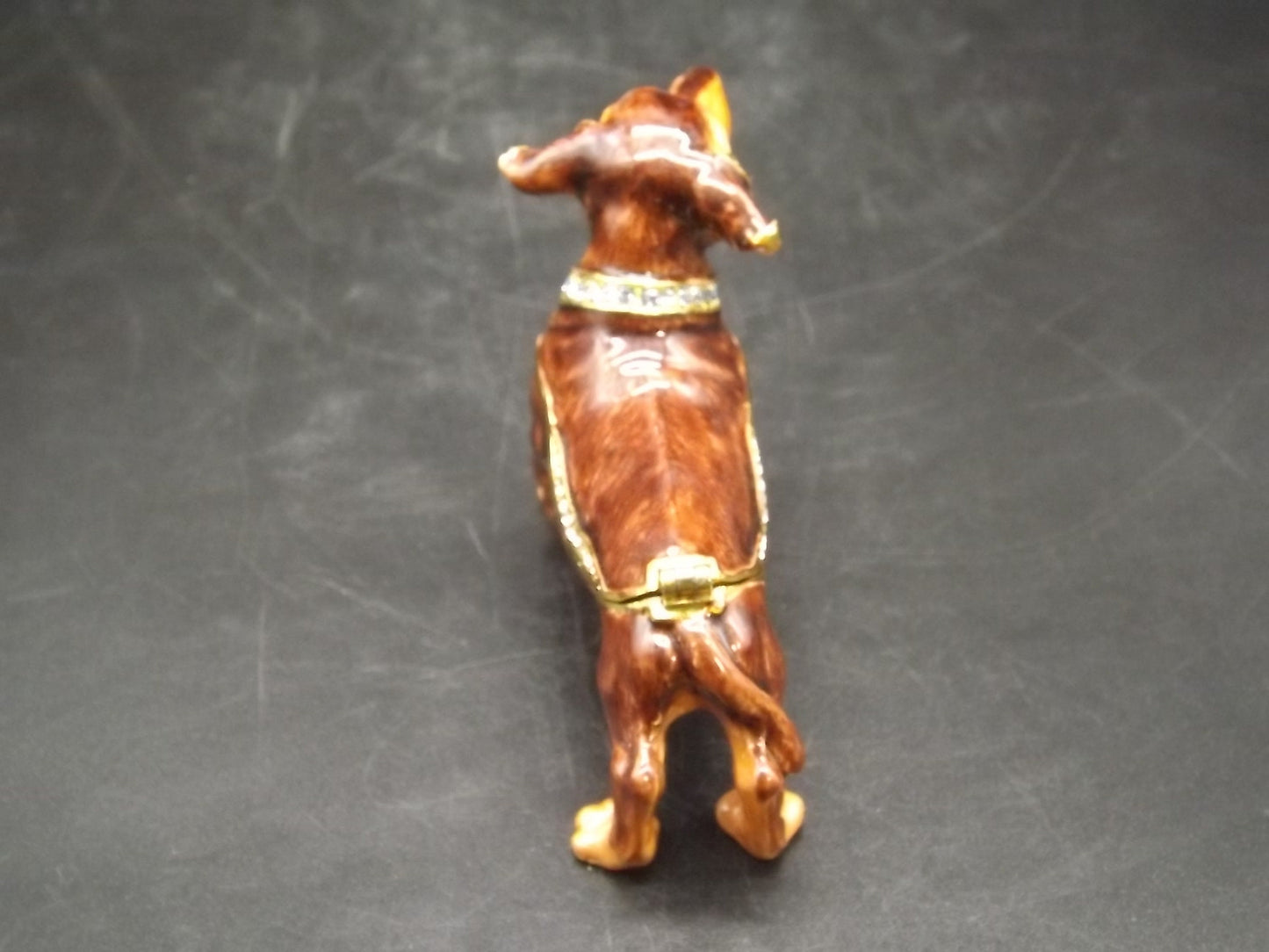 Dachshund Pewter Enameled Hinged Ring Trinket Box Bejeweled with Austrian Crystals Includes a Dachshund necklace With original box and COA