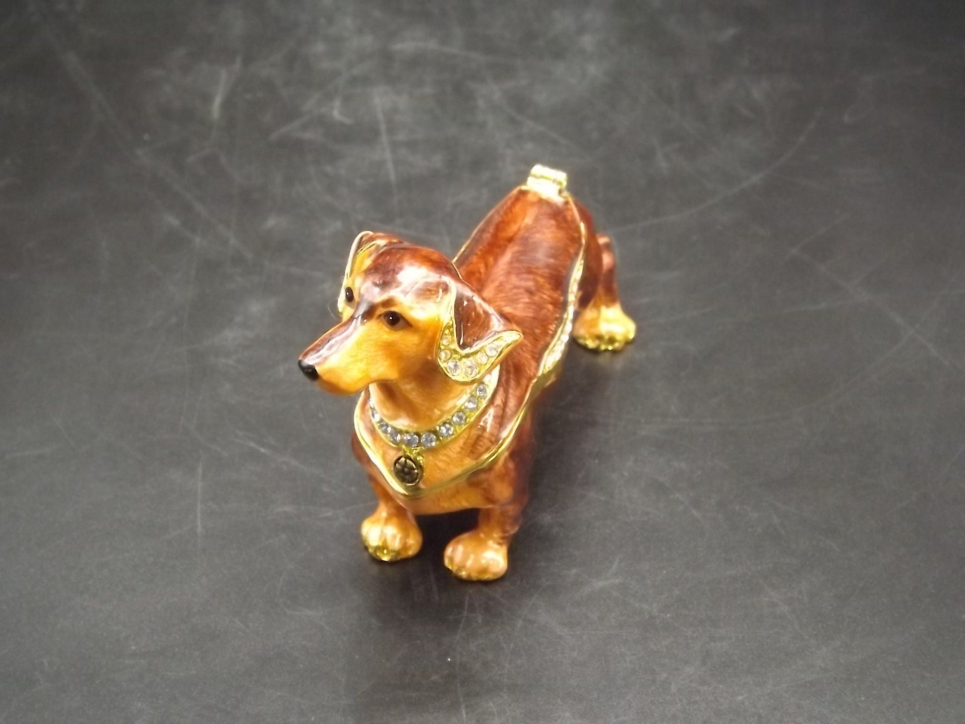 Dachshund Pewter Enameled Hinged Ring Trinket Box Bejeweled with Austrian Crystals Includes a Dachshund necklace With original box and COA