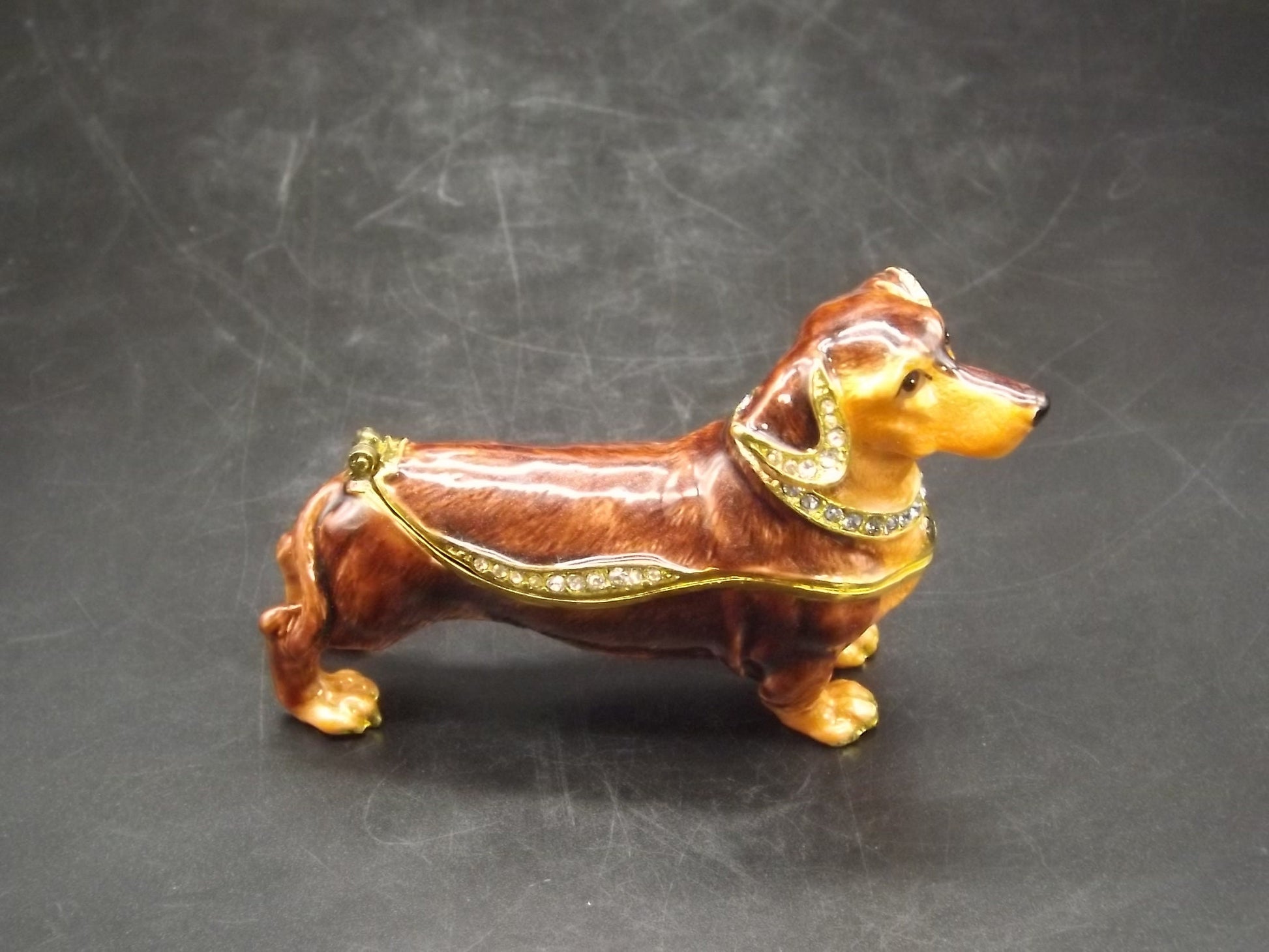 Dachshund Pewter Enameled Hinged Ring Trinket Box Bejeweled with Austrian Crystals Includes a Dachshund necklace With original box and COA