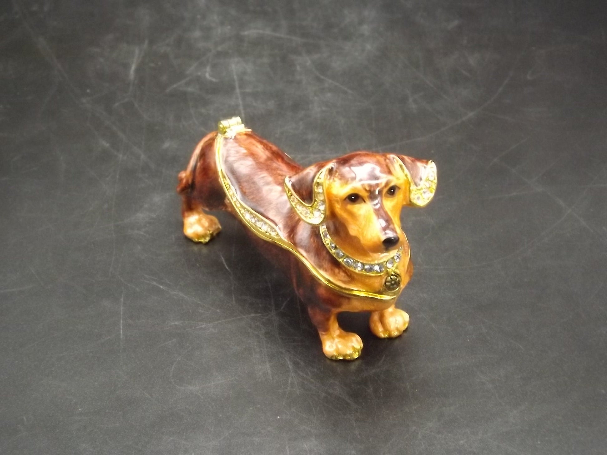 Dachshund Pewter Enameled Hinged Ring Trinket Box Bejeweled with Austrian Crystals Includes a Dachshund necklace With original box and COA