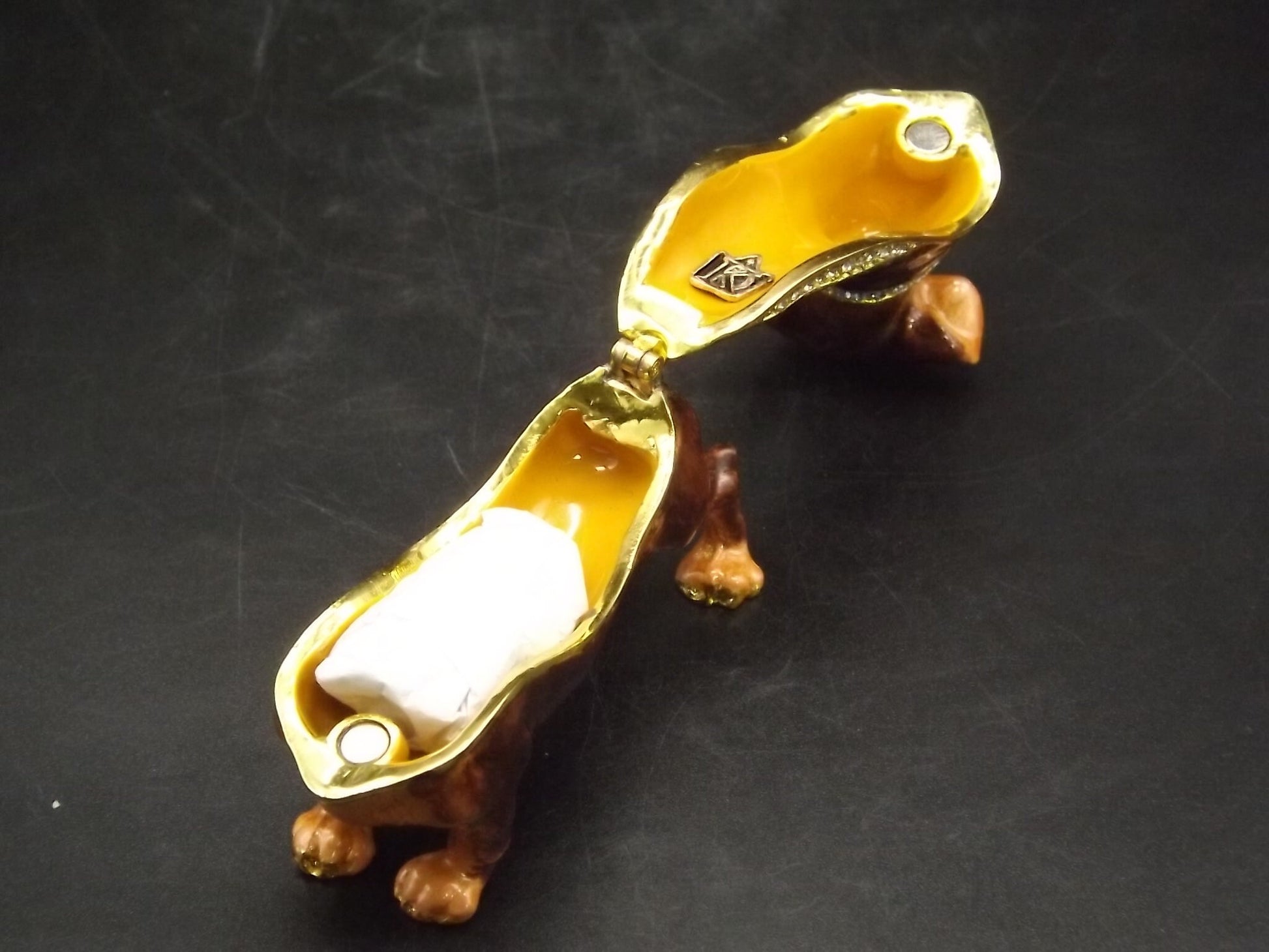 Dachshund Pewter Enameled Hinged Ring Trinket Box Bejeweled with Austrian Crystals Includes a Dachshund necklace With original box and COA