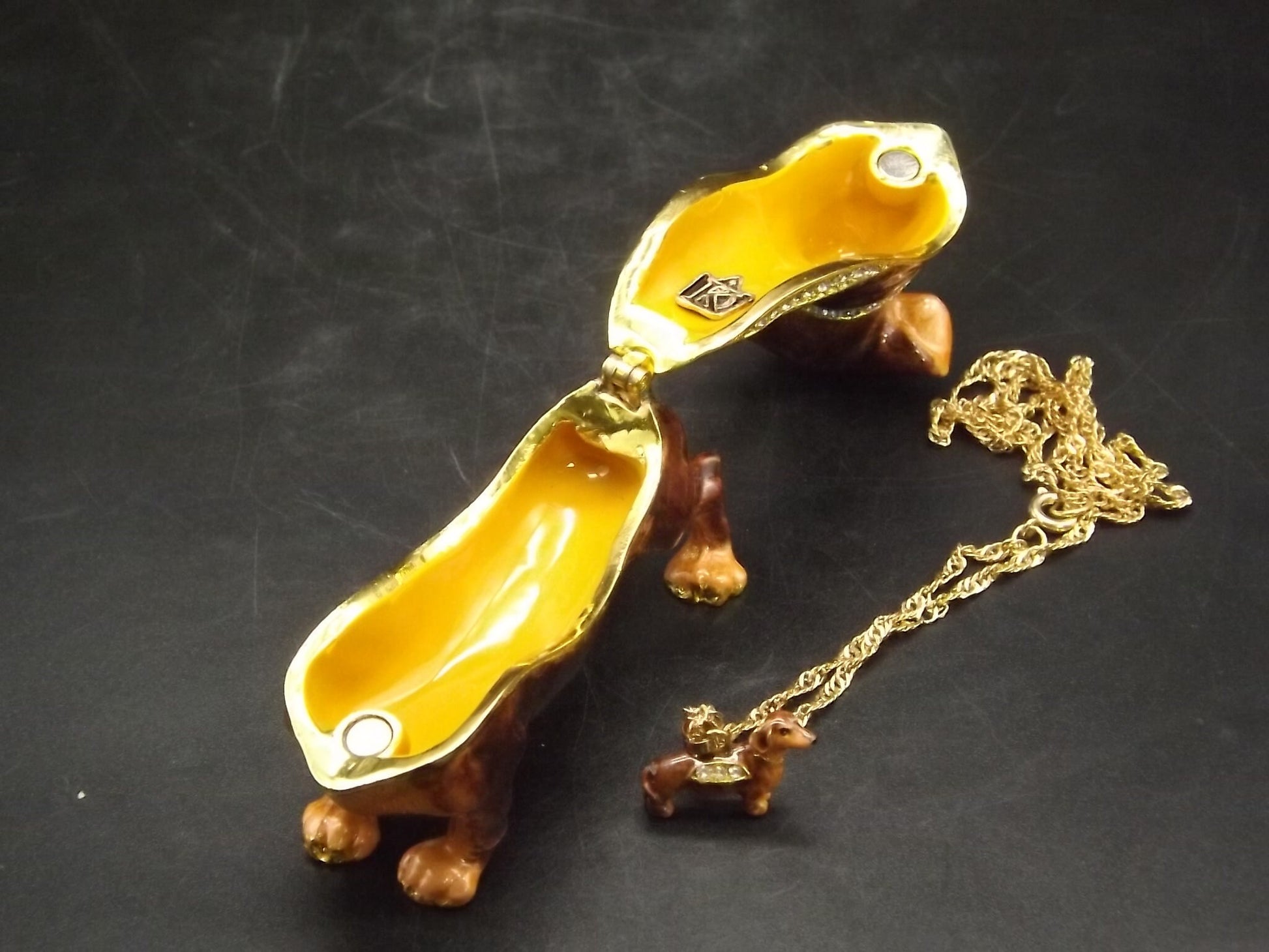 Dachshund Pewter Enameled Hinged Ring Trinket Box Bejeweled with Austrian Crystals Includes a Dachshund necklace With original box and COA