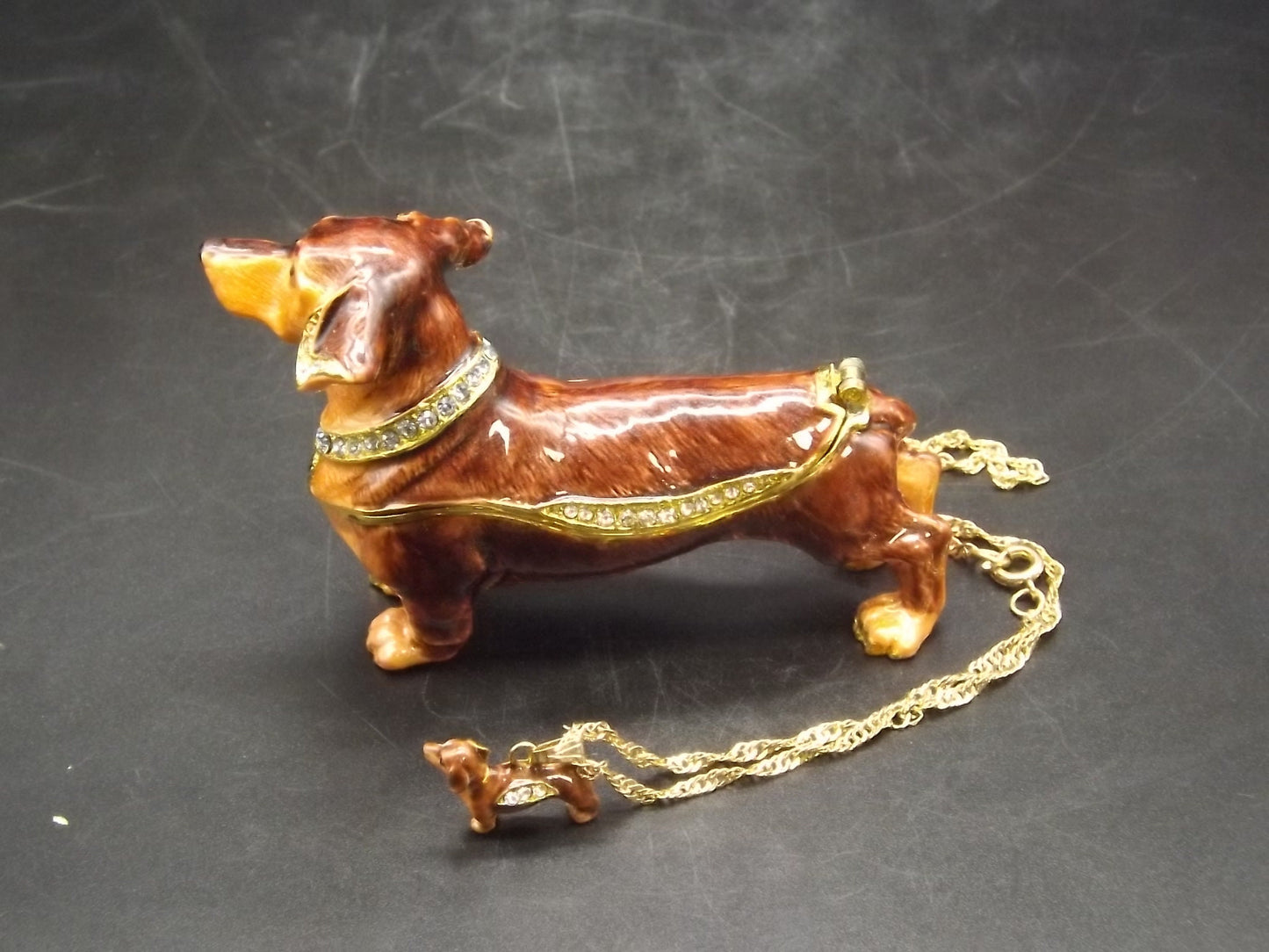 Dachshund Pewter Enameled Hinged Ring Trinket Box Bejeweled with Austrian Crystals Includes a Dachshund necklace With original box and COA