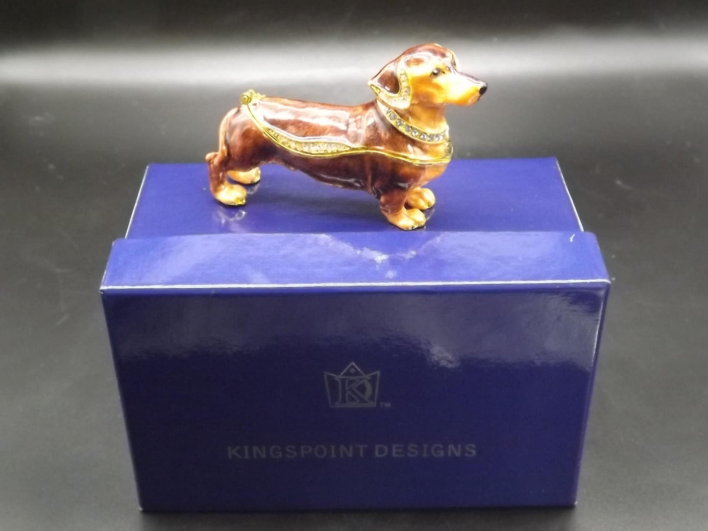Dachshund Pewter Enameled Hinged Ring Trinket Box Bejeweled with Austrian Crystals Includes a Dachshund necklace With original box and COA
