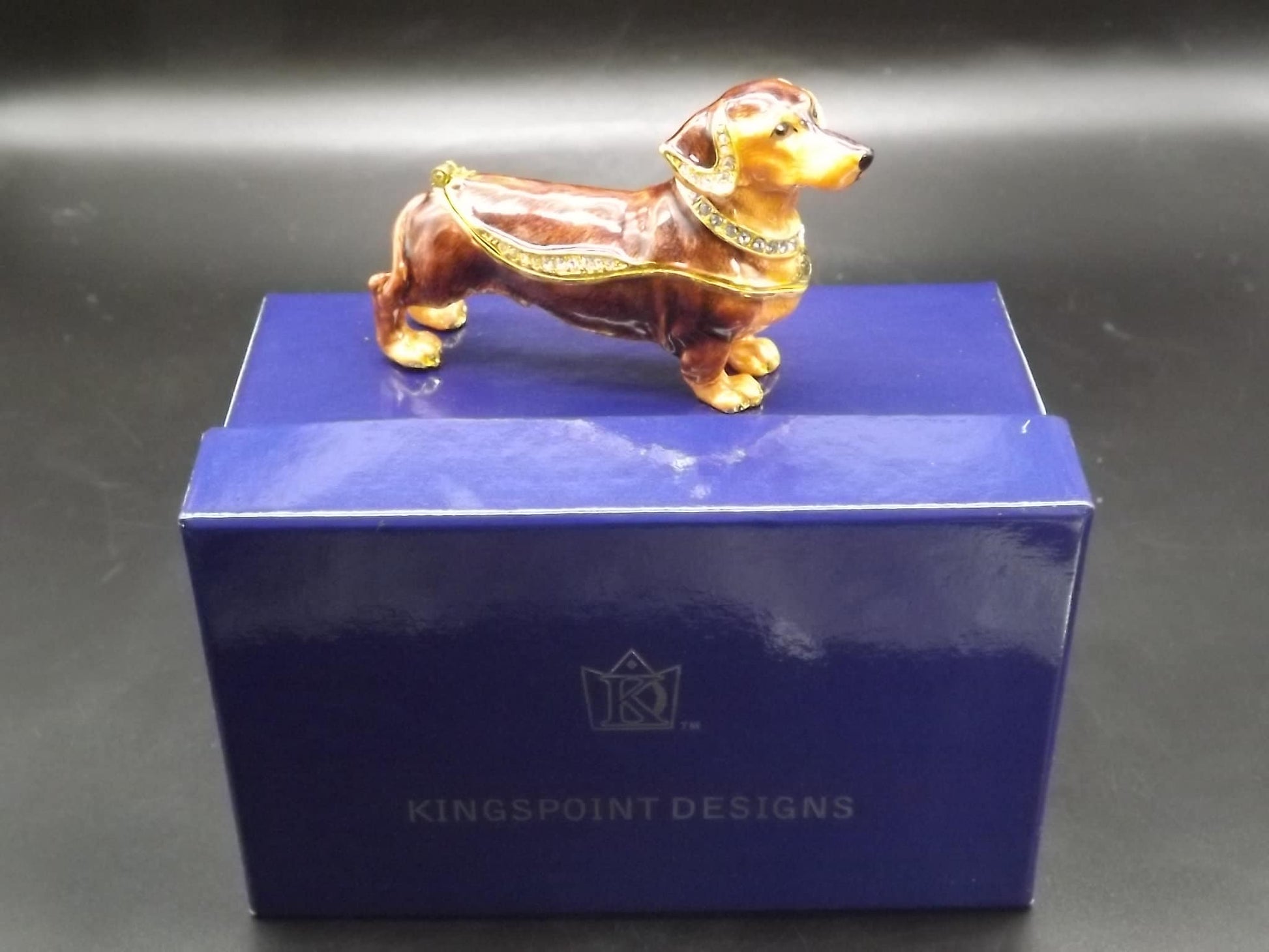 Dachshund Pewter Enameled Hinged Ring Trinket Box Bejeweled with Austrian Crystals Includes a Dachshund necklace With original box and COA