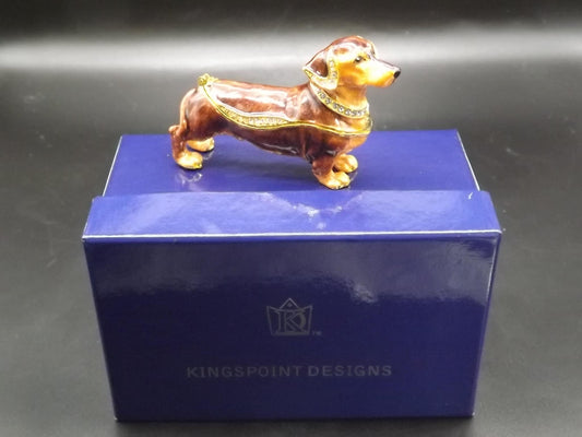 Dachshund Pewter Enameled Hinged Ring Trinket Box Bejeweled with Austrian Crystals Includes a Dachshund necklace With original box and COA