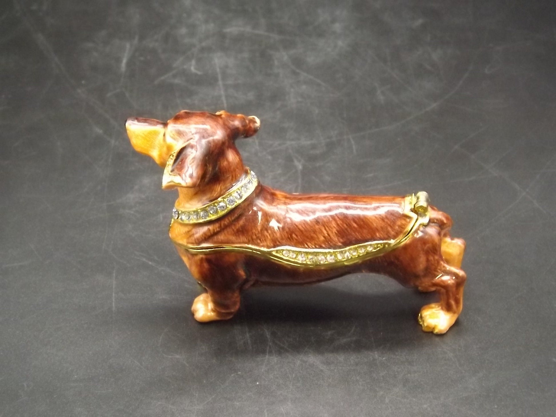 Dachshund Pewter Enameled Hinged Ring Trinket Box Bejeweled with Austrian Crystals Includes a Dachshund necklace With original box and COA