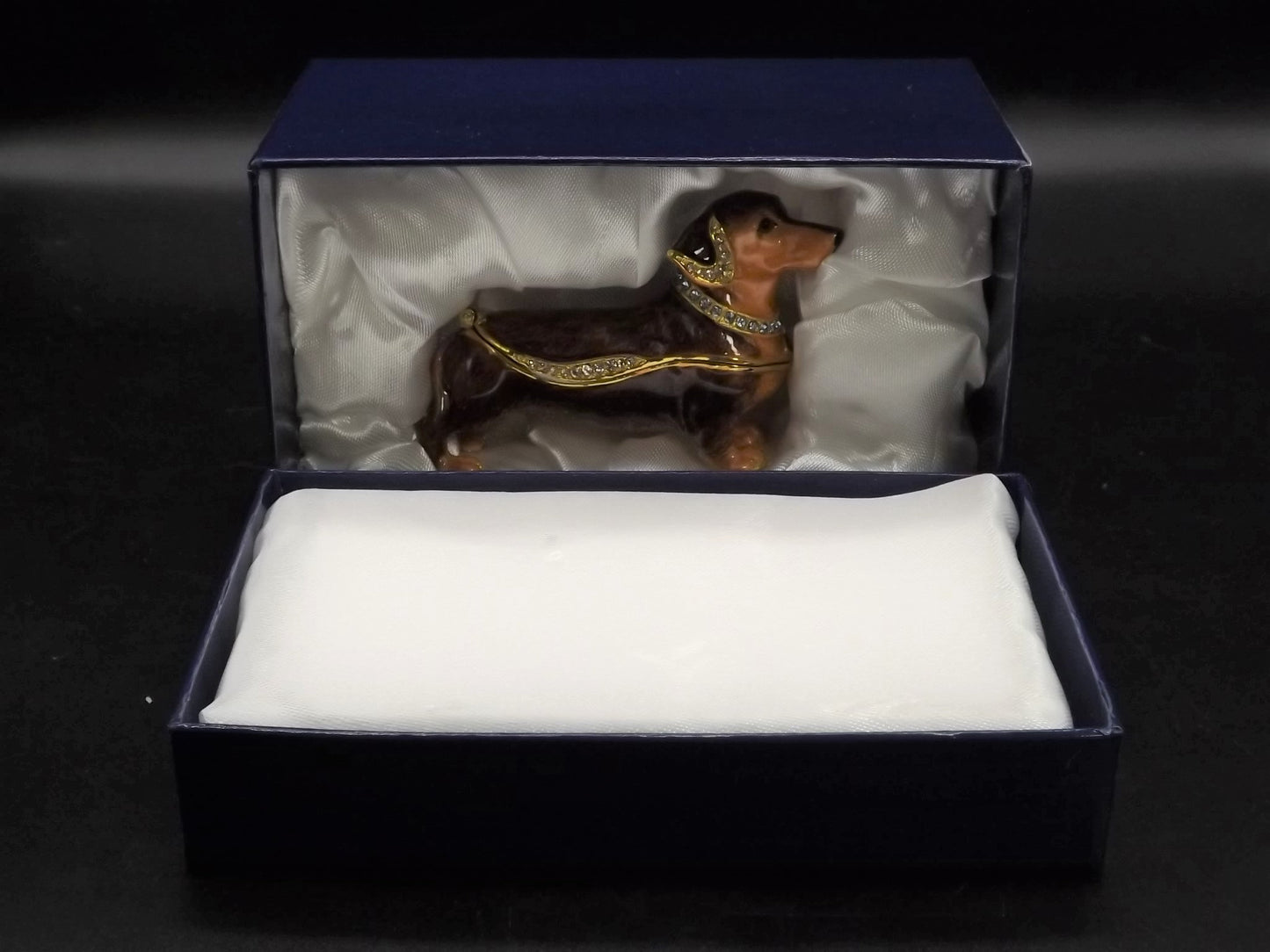 Dachshund Pewter Enameled Hinged Ring Trinket Box Bejeweled with Austrian Crystals Includes a Dachshund necklace With original box and COA