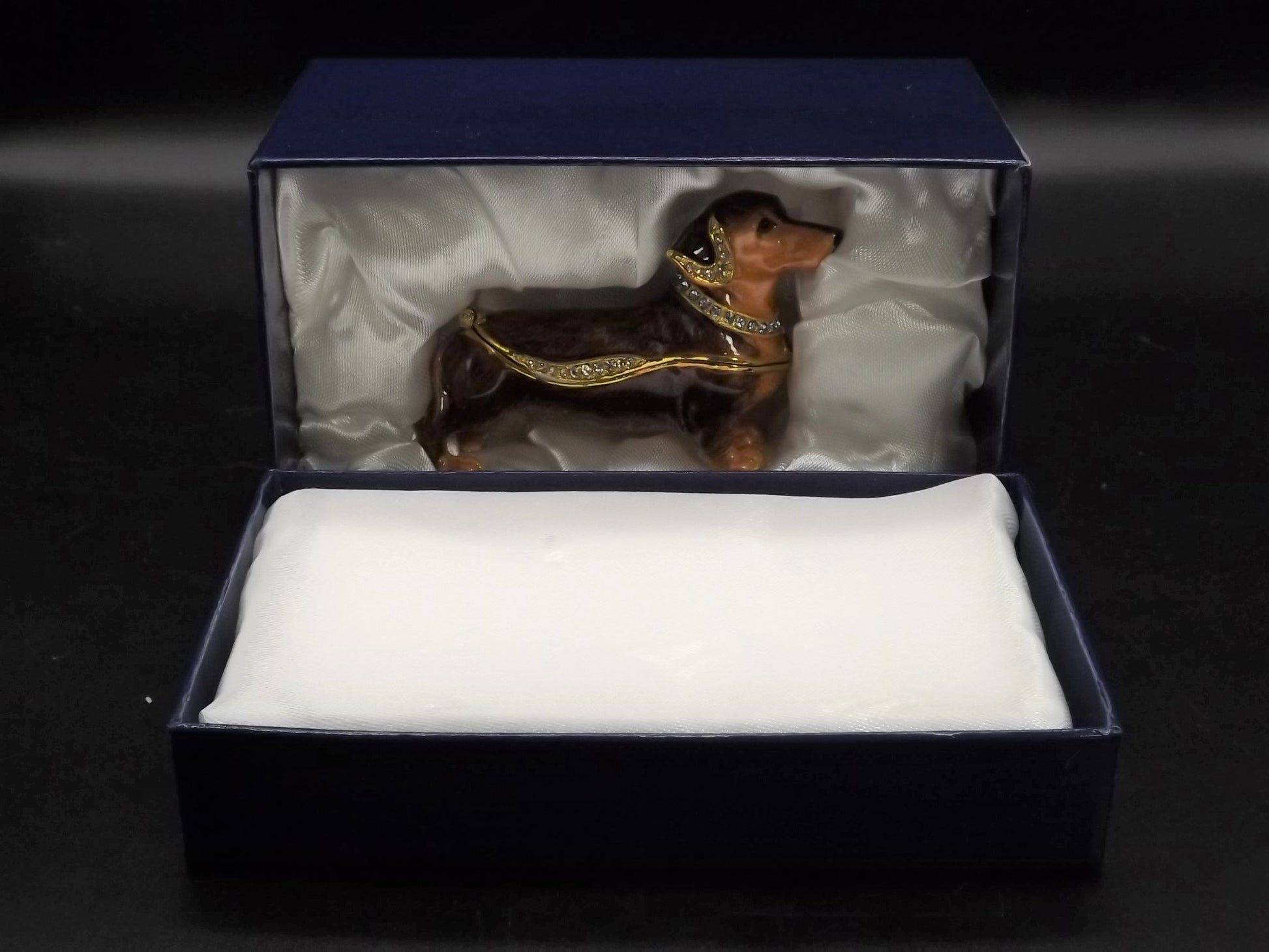 Dachshund Pewter Enameled Hinged Ring Trinket Box Bejeweled with Austrian Crystals Includes a Dachshund necklace With original box and COA