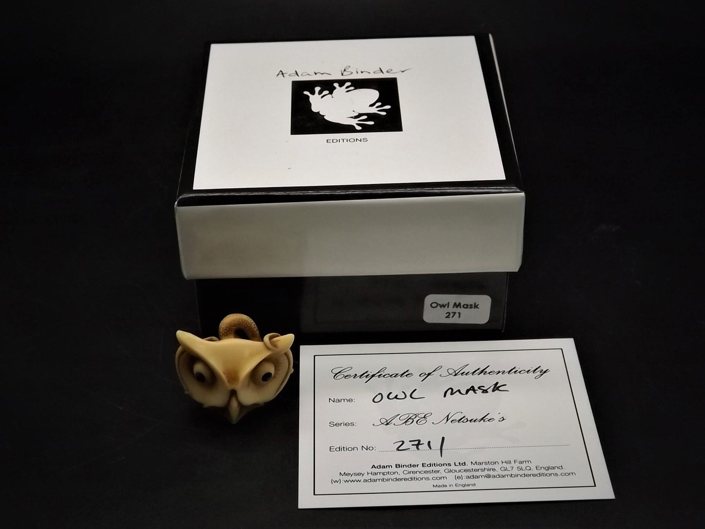 Adam Binder Netsuke "Owl Mask". With original box and COA. Excellent shape limited edition #271.