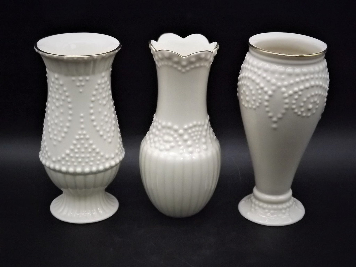 Vintage Lenox "beaded" 3 piece set of porcelain vases. Excellent condition no box.