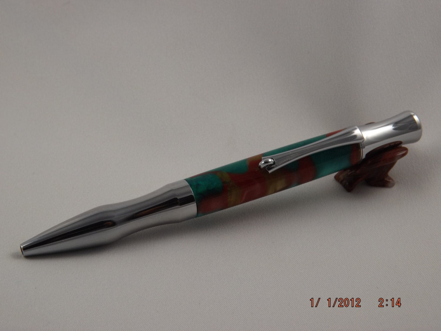 Handmade Acrylic Pen, Festive Red Green and Gold twist Virage style Pen