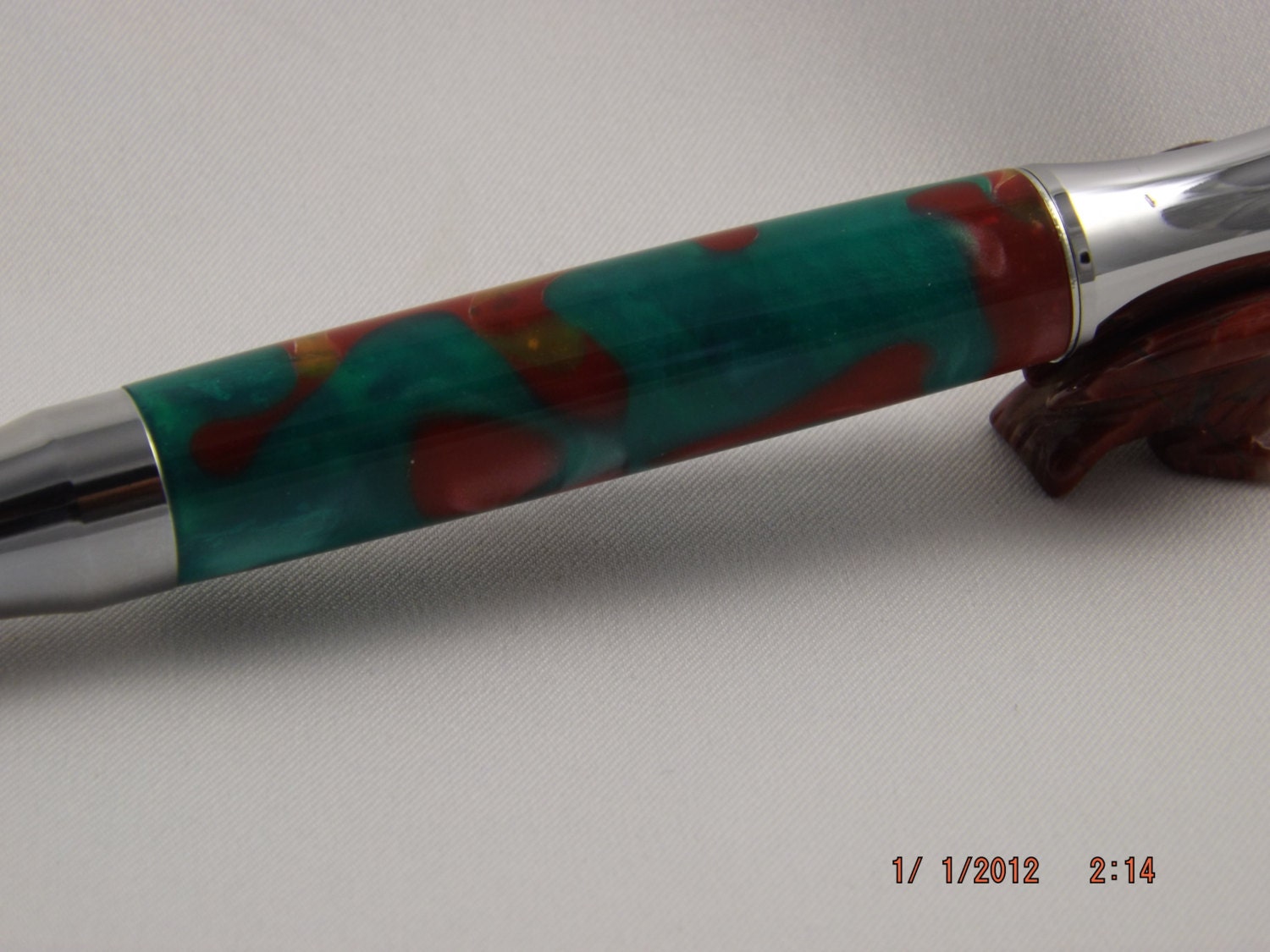 Handmade Acrylic Pen, Festive Red Green and Gold twist Virage style Pen