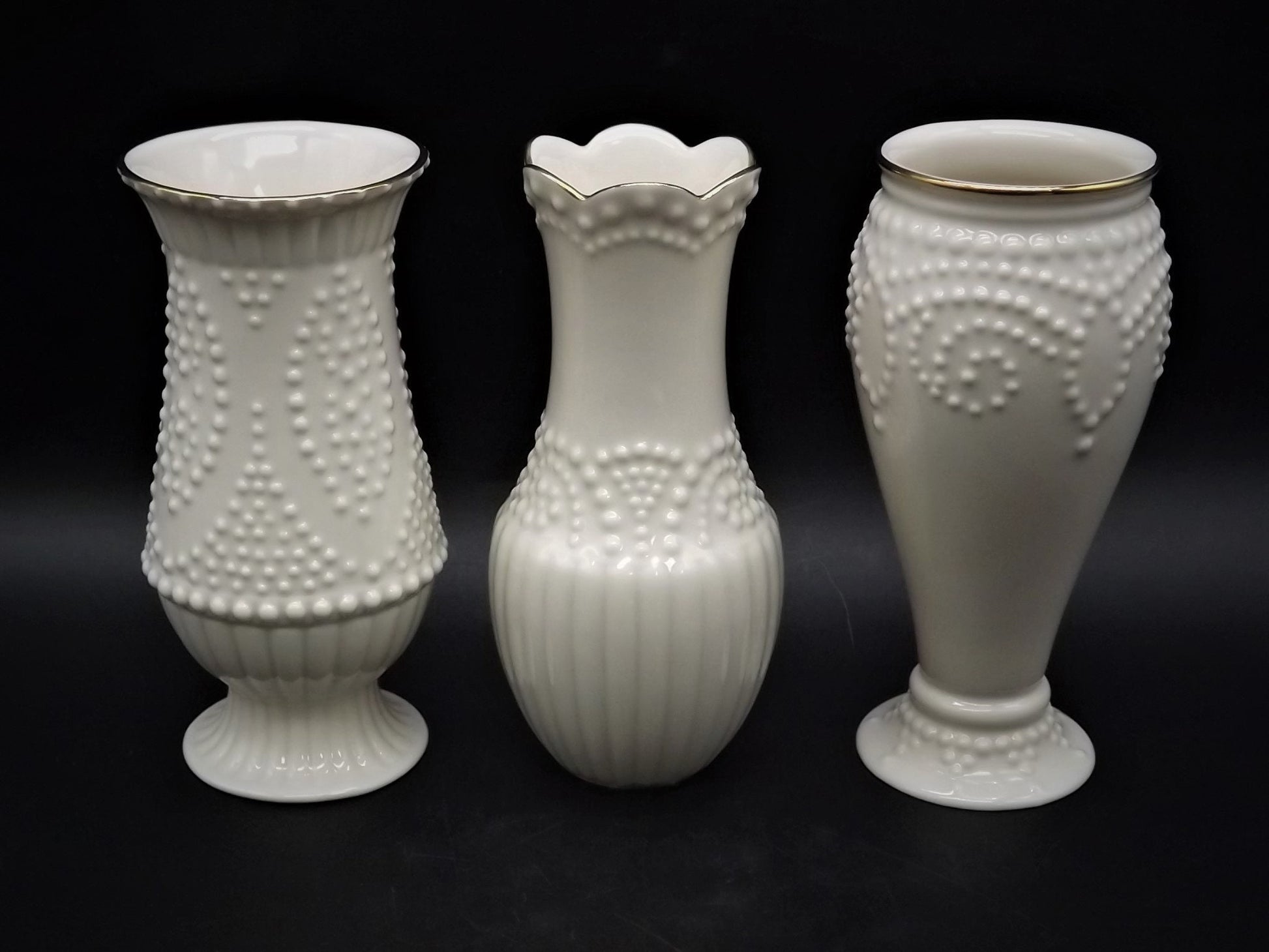 Vintage Lenox "beaded" 3 piece set of porcelain vases. Excellent condition no box.