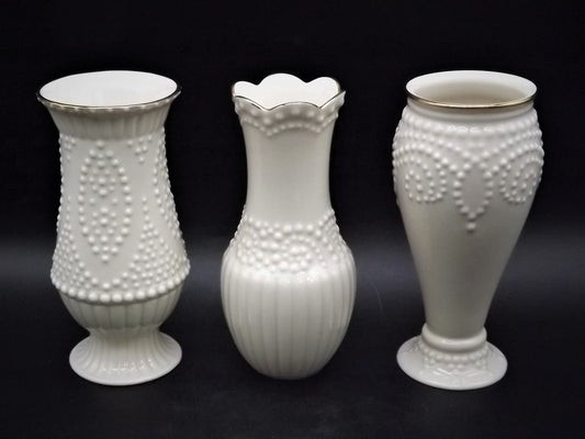 Vintage Lenox "beaded" 3 piece set of porcelain vases. Excellent condition no box.