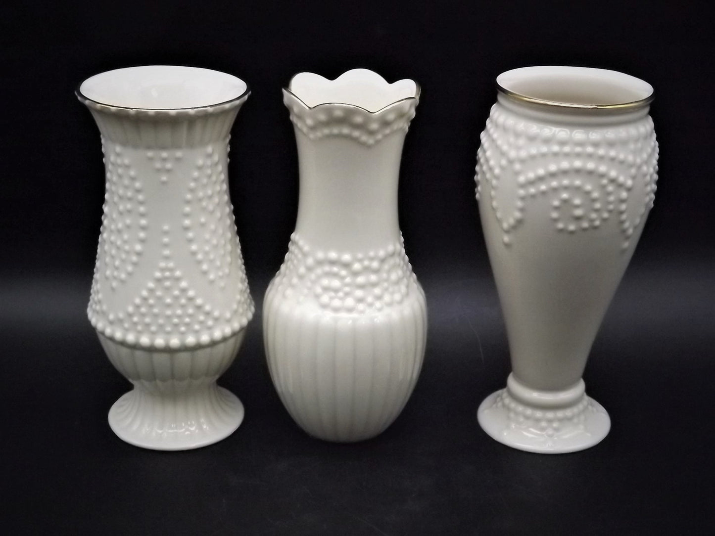 Vintage Lenox "beaded" 3 piece set of porcelain vases. Excellent condition no box.