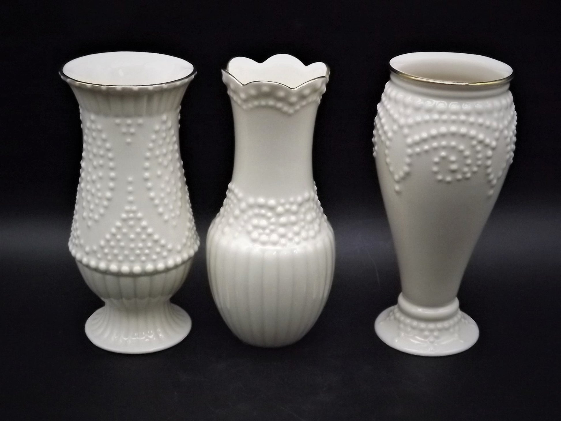 Vintage Lenox "beaded" 3 piece set of porcelain vases. Excellent condition no box.