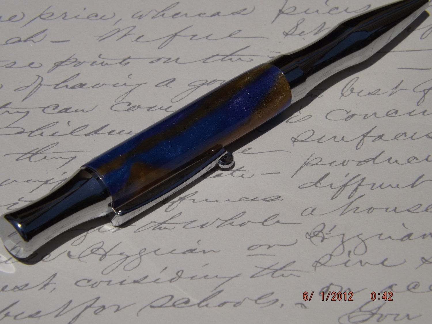 Handmade Acrylic Pen, Blue and Gold twist Virage style Pen