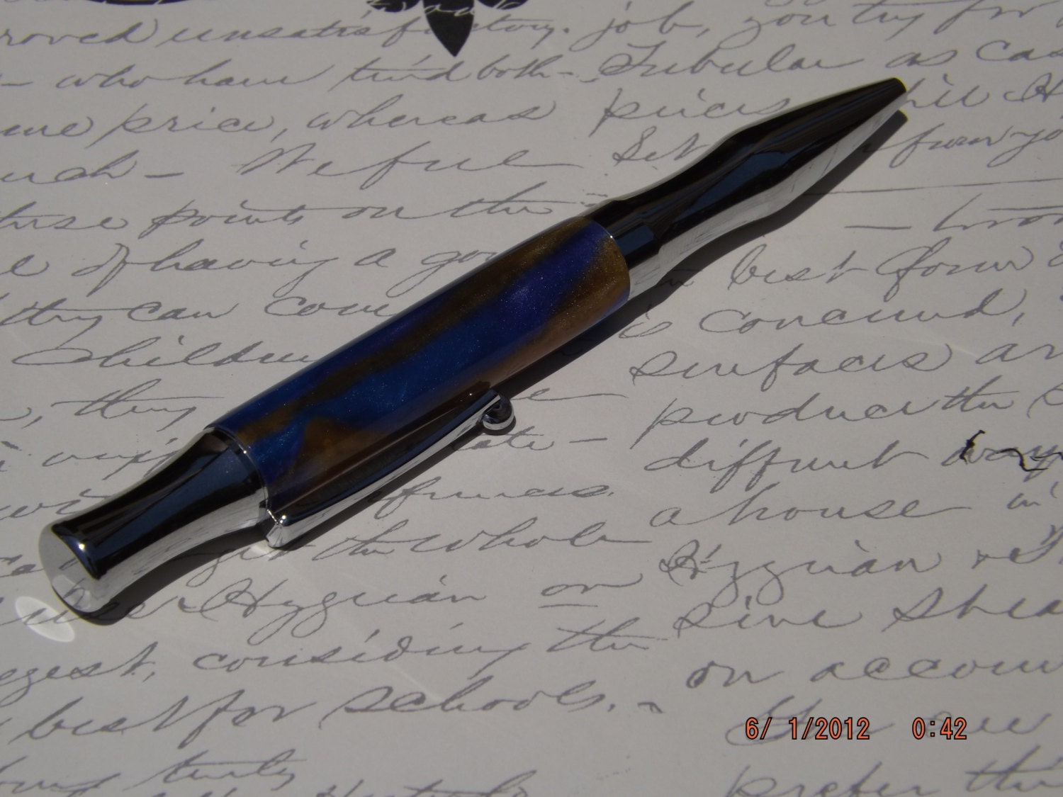 Handmade Acrylic Pen, Blue and Gold twist Virage style Pen