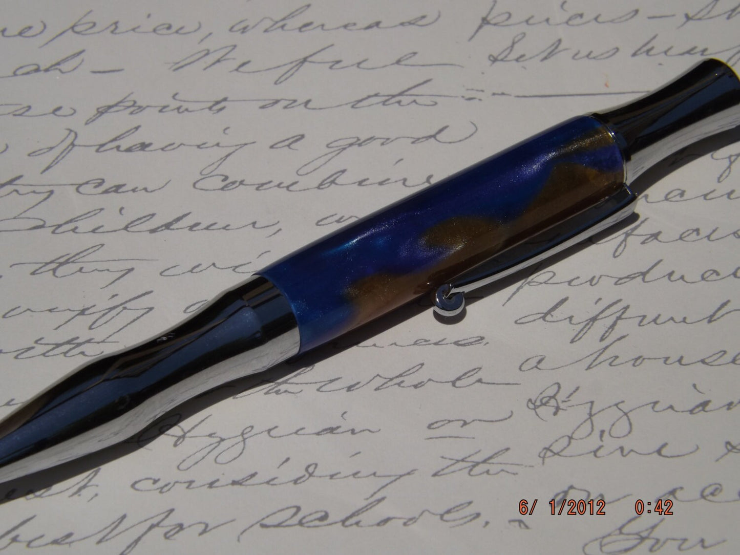 Handmade Acrylic Pen, Blue and Gold twist Virage style Pen