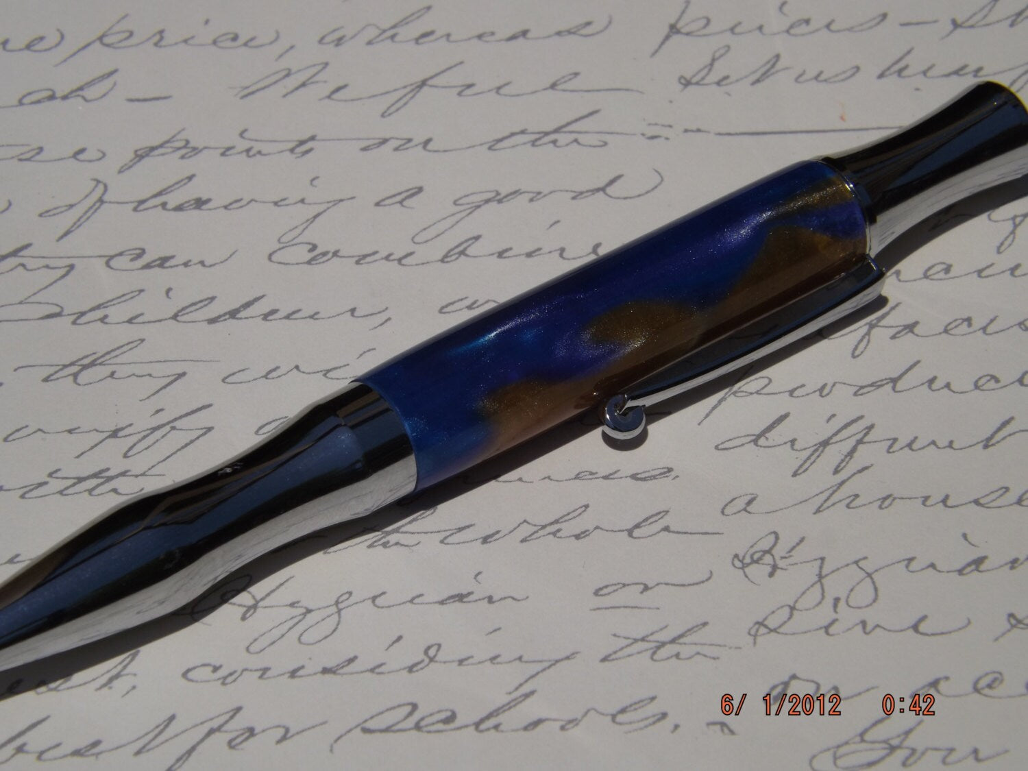 Handmade Acrylic Pen, Blue and Gold twist Virage style Pen