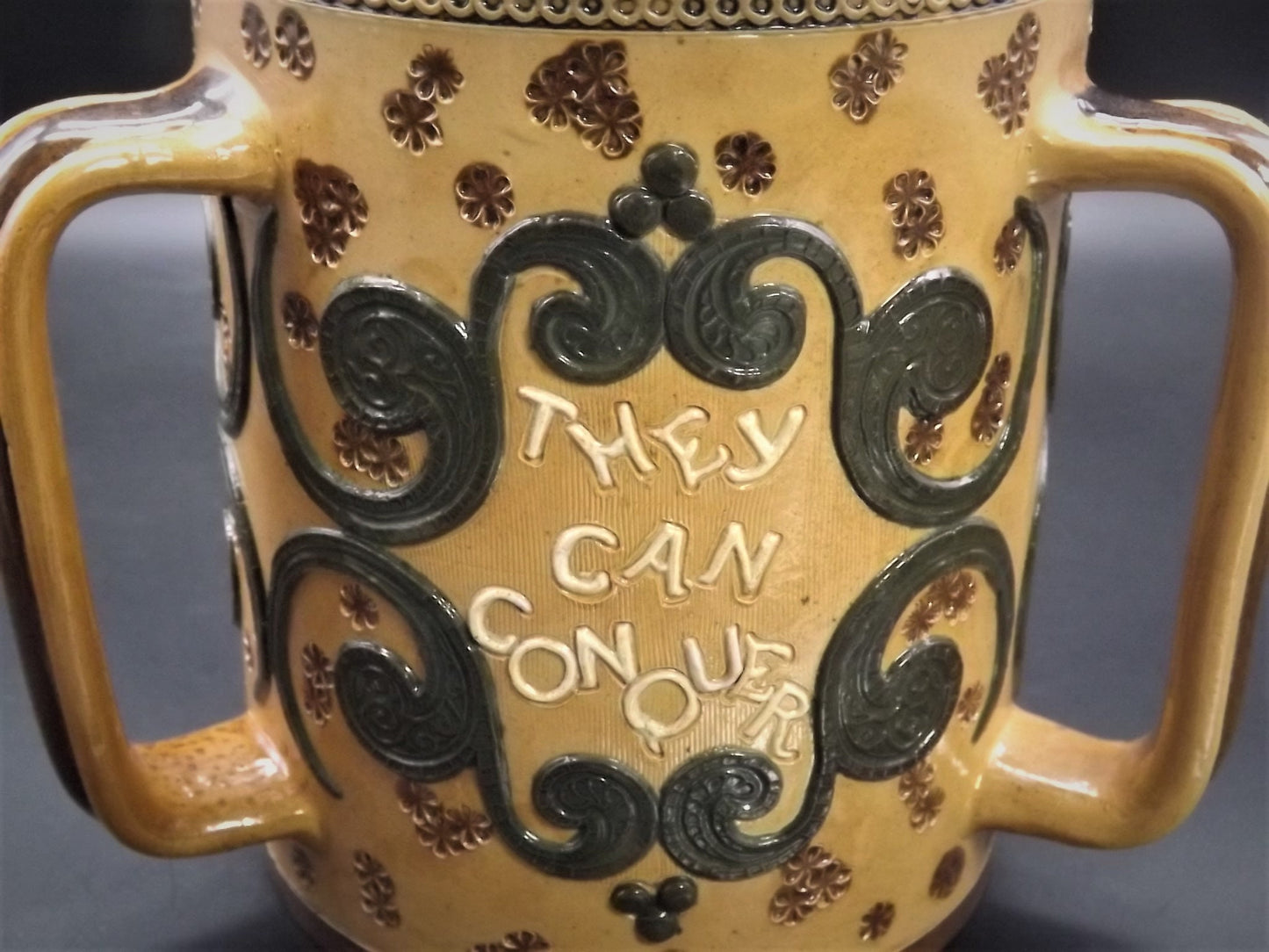 Doulton Lambeth Loving Cup "They can conquer who believe they can" WW1 slogan for solidarity in England. Very old exceptional condition.