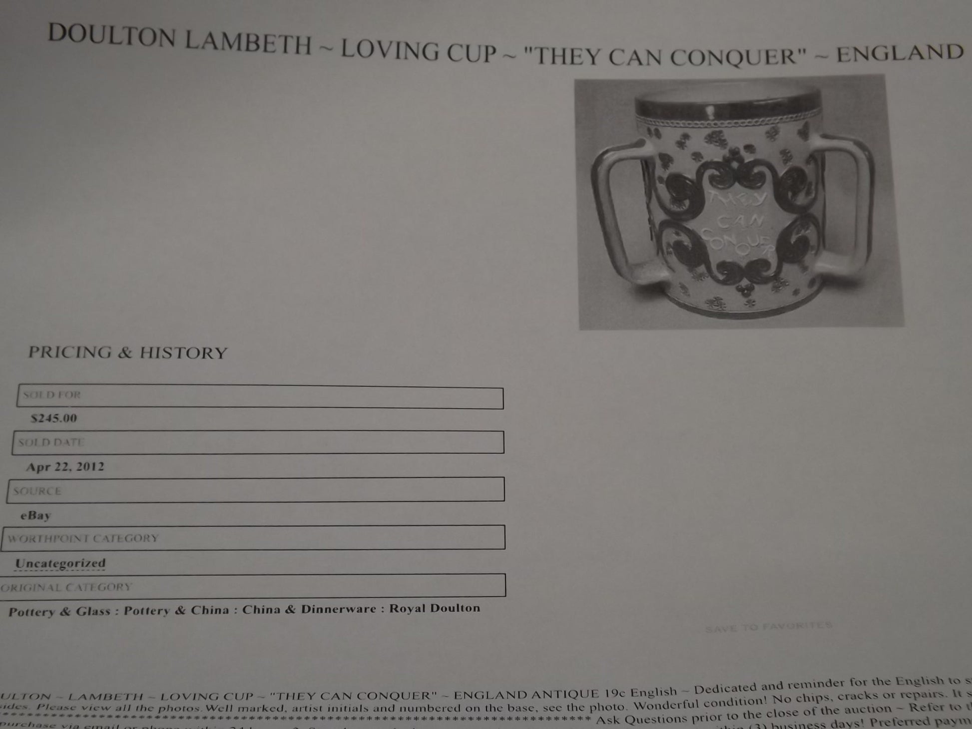 Doulton Lambeth Loving Cup "They can conquer who believe they can" WW1 slogan for solidarity in England. Very old exceptional condition.