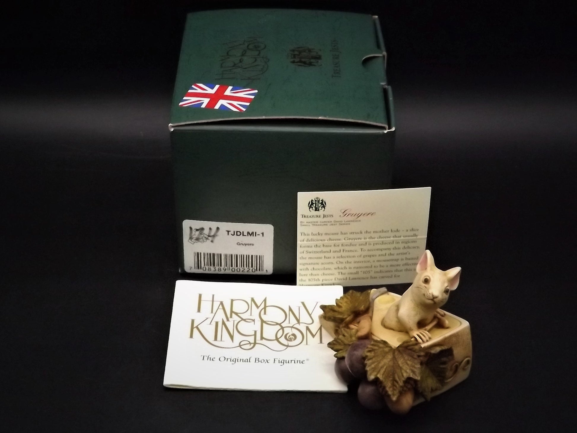 Vintage 2002 TJDLMI-1 Harmony Kingdom "Gruyere" hand Painted mouse sitting on a block of cheese. With box and COA.